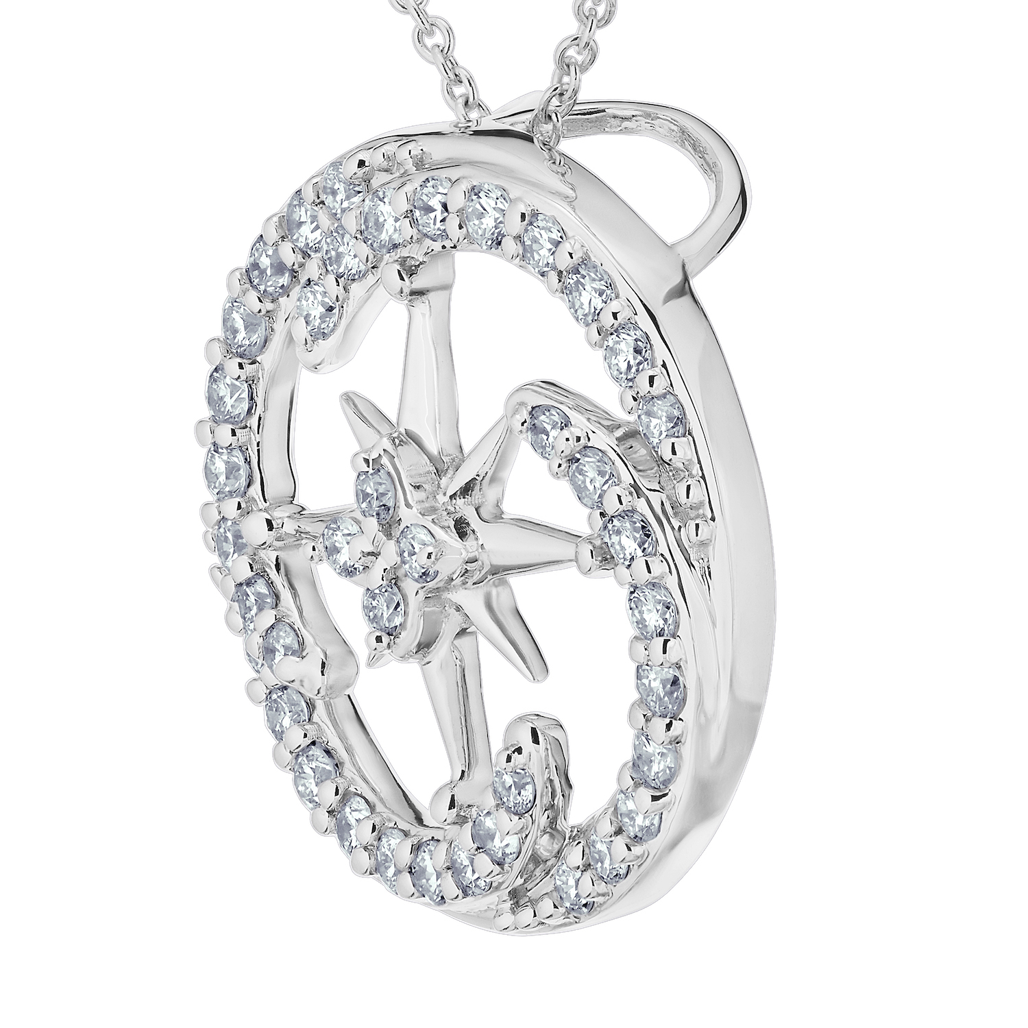 14K White Gold Pendant North Star Center with Swirl Circle Pave Set Diamond 0.50 Ctw