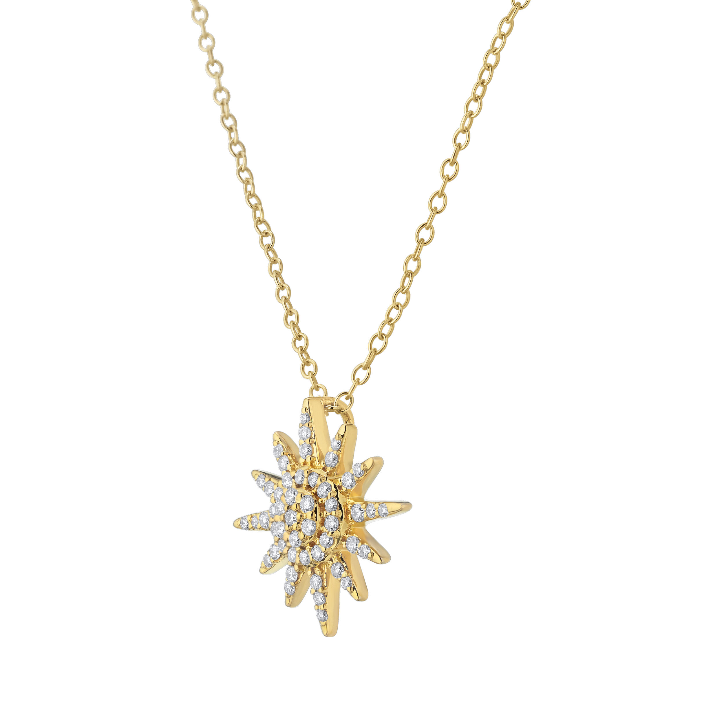 14K Yellow Gold Pendant Pave Starburst Center Cluster Hidden Bail Diamond 0.20 Ctw