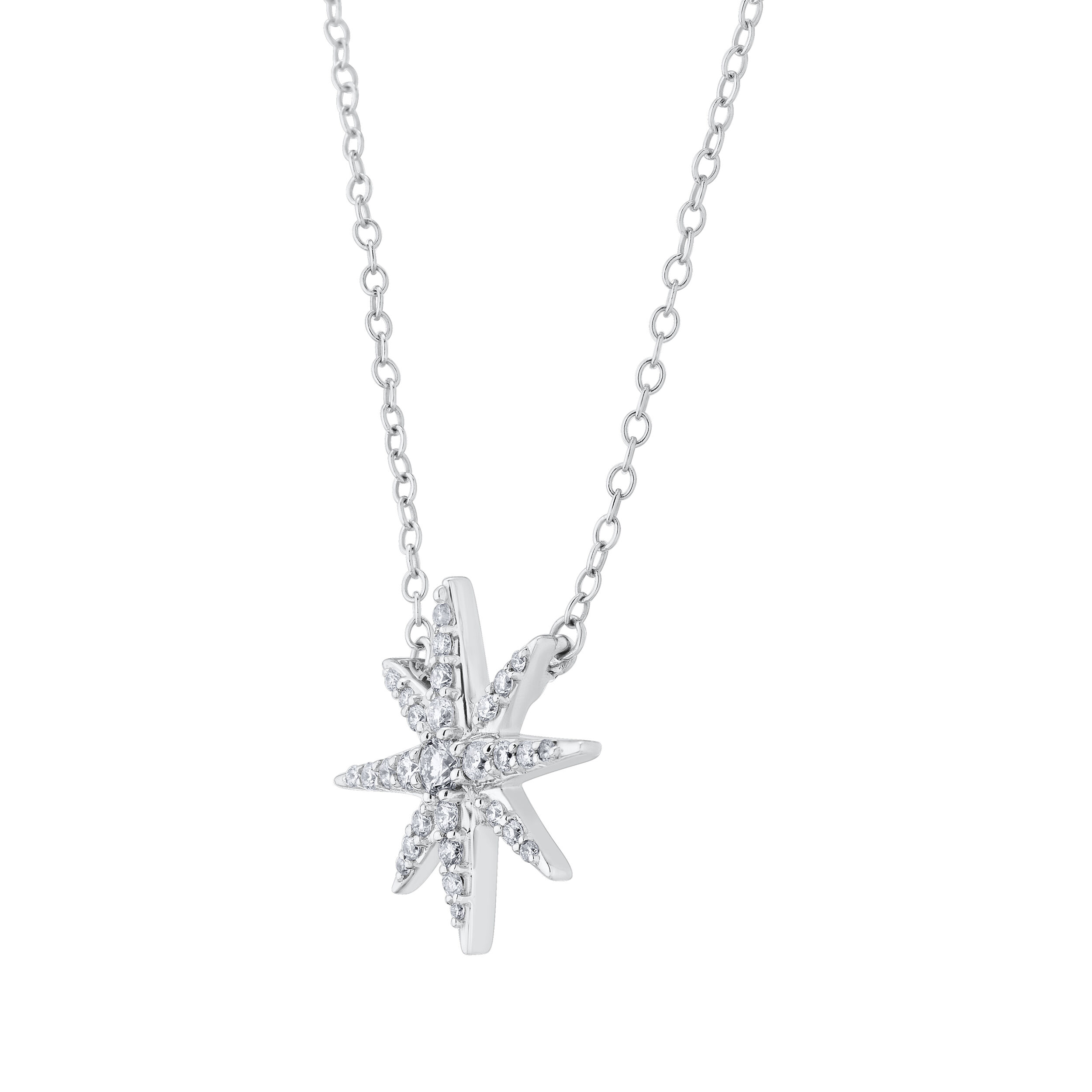 14K White Gold Necklace Starburst Pave Set Diamond 0.10 Ctw
