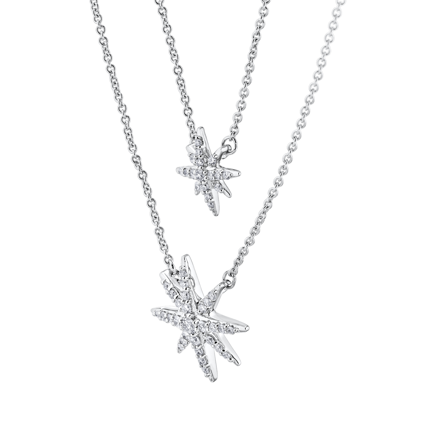 14K White Gold Necklace 2 Layered Pave Starburst Diamond 0.33 Ctw