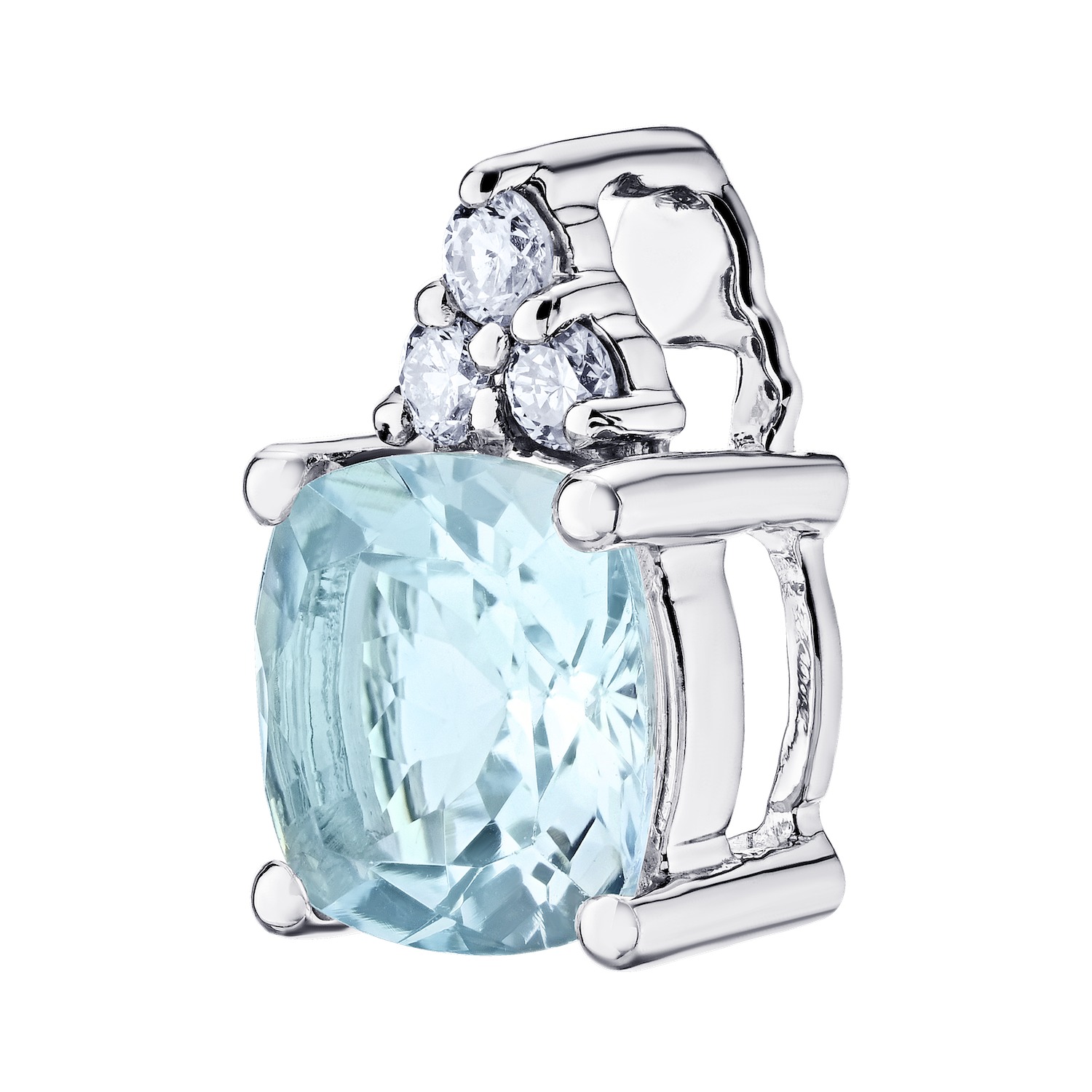 Majestic Gems&trade; 14k White Gold Prong Set Cushion Color Stone with 3 Diamonds Hidden Bail Aqua & Diamond 1.16 Ctw