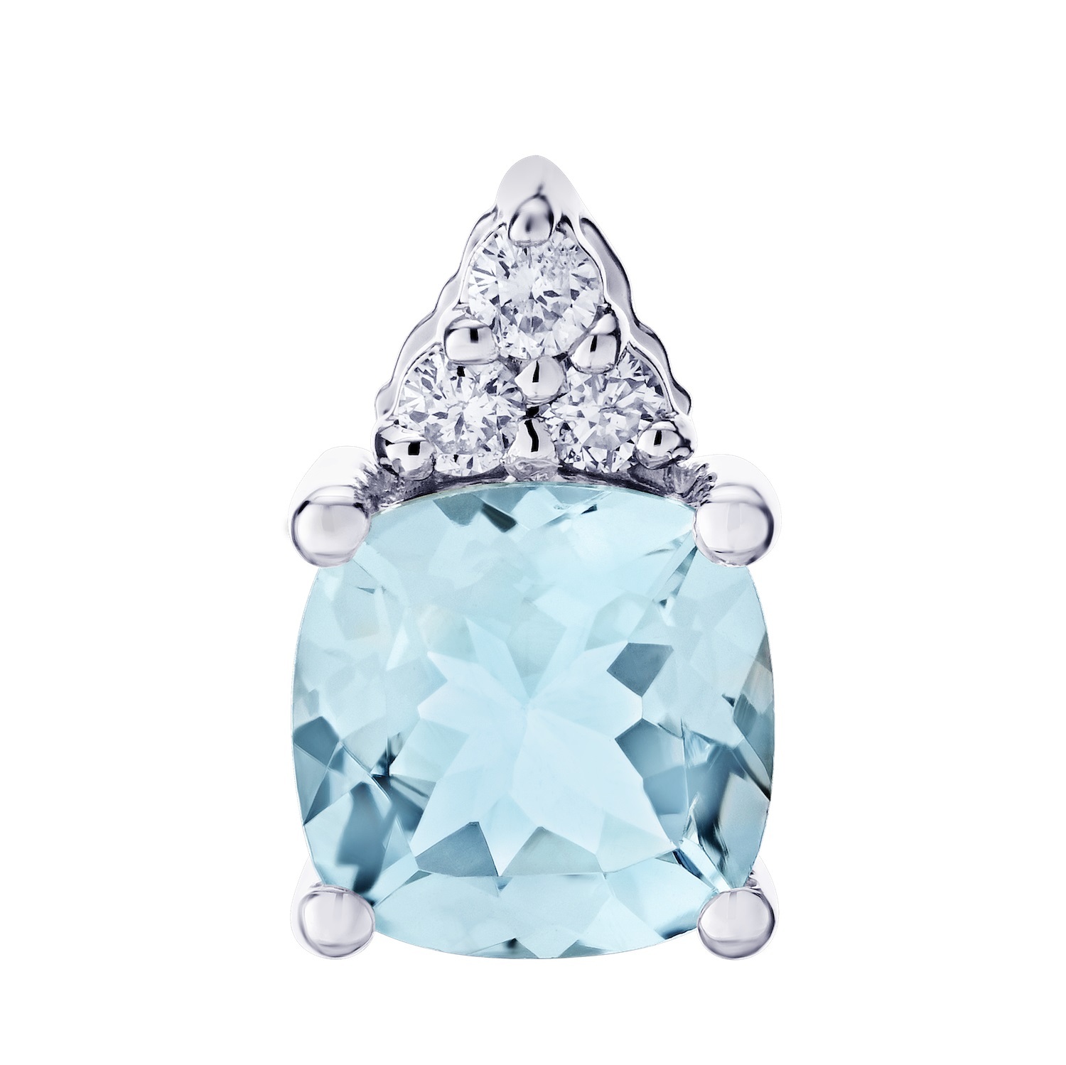 Majestic Gems&trade; 14k White Gold Prong Set Cushion Color Stone with 3 Diamonds Hidden Bail Aqua & Diamond 1.16 Ctw