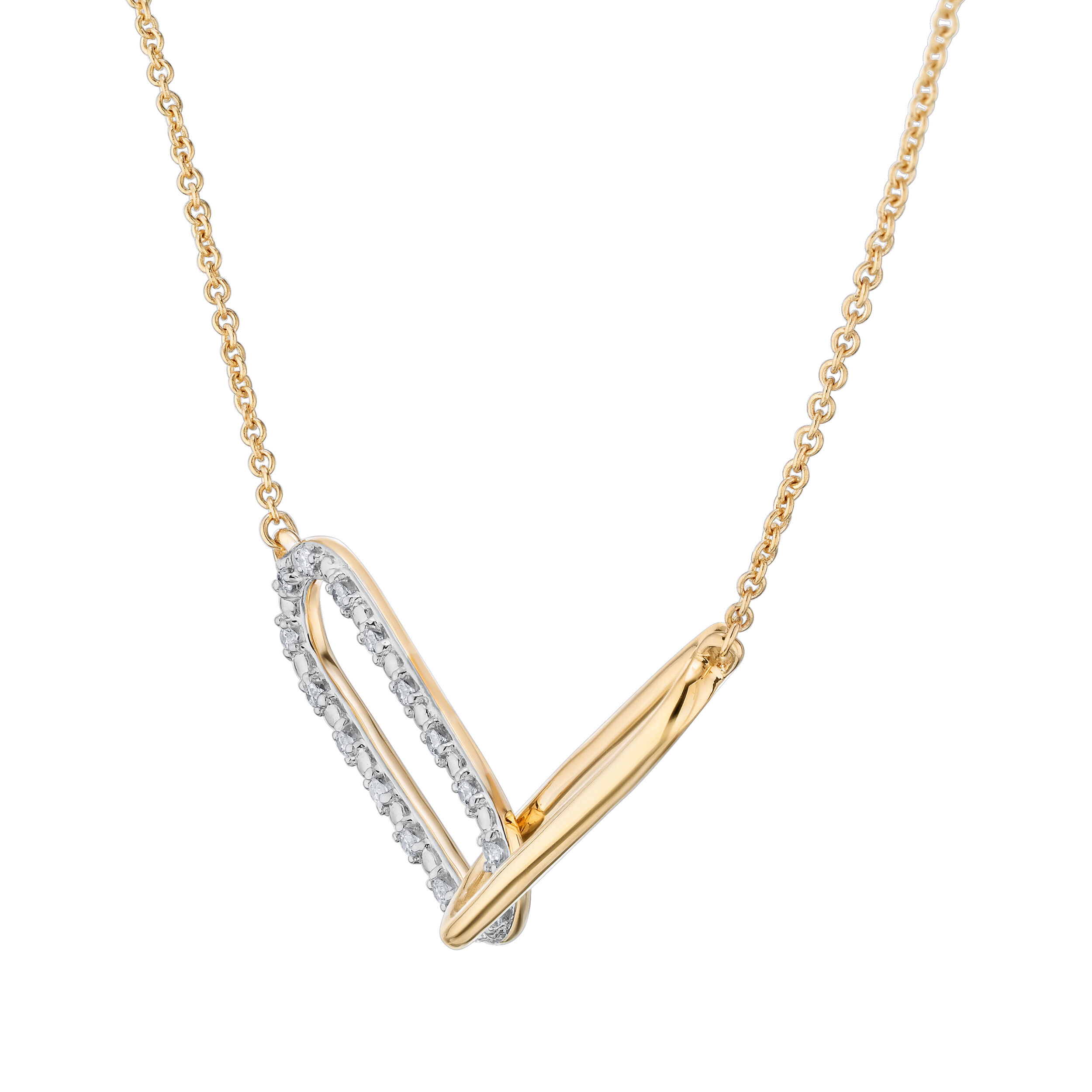 14K Yellow Gold Necklace Asymmetrical Polished & Pave Interlocking Paperclip Links Diamond 0.10 Ctw