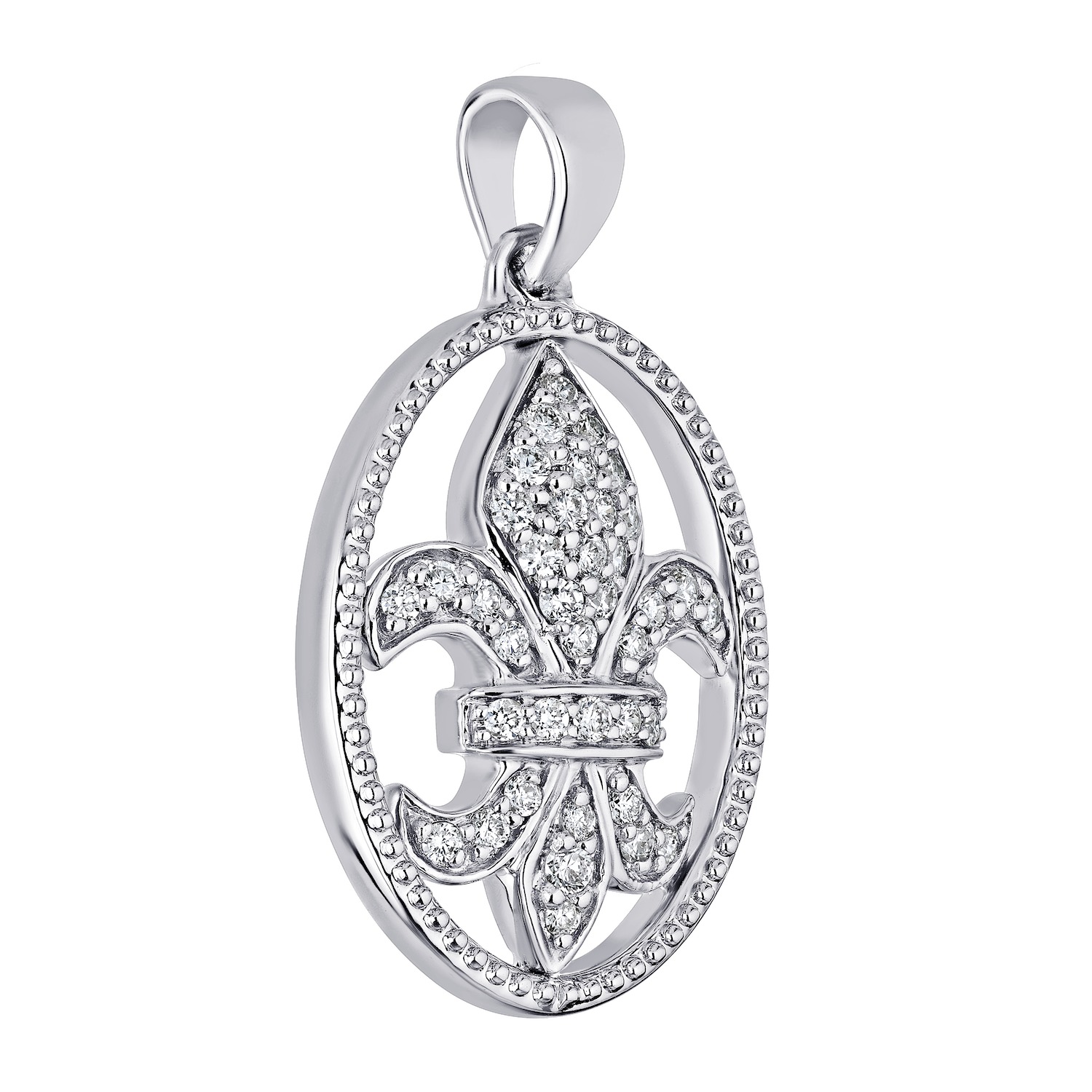 Lis Royale&trade; 14K White Gold Fleur-De-Lis in Oval Frame Pendant 0.20 Ctw Diamond