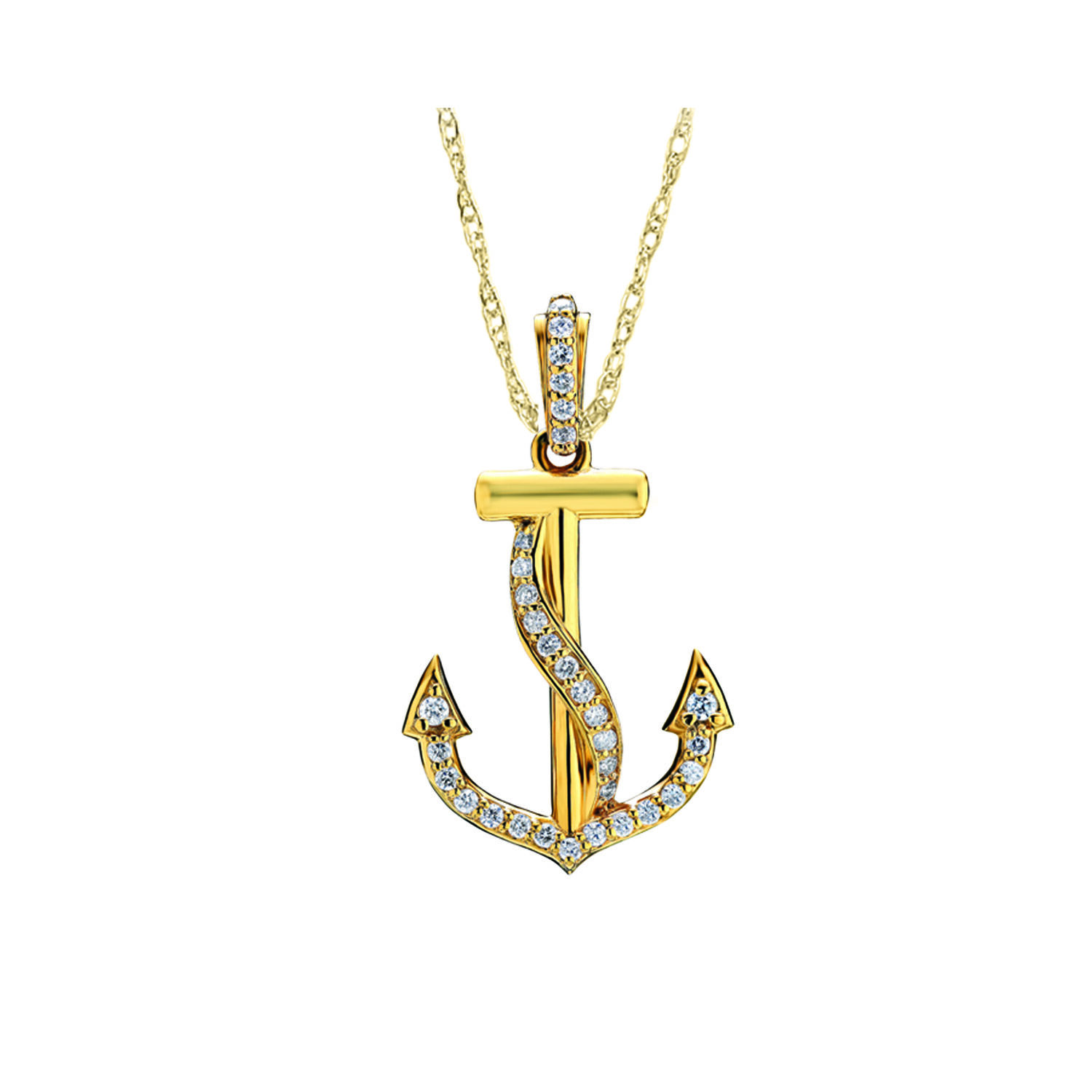 BluSea&trade; 14k Yellow Gold Pendant Anchor with Pave Set Curved Rope Diamond 1.00 Ctw
