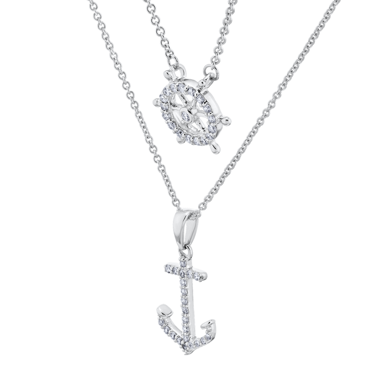 BluSea&trade; 14k White Gold Necklace Layered Nautical Anchor & Ships Wheel Diamond 0.25 Ctw