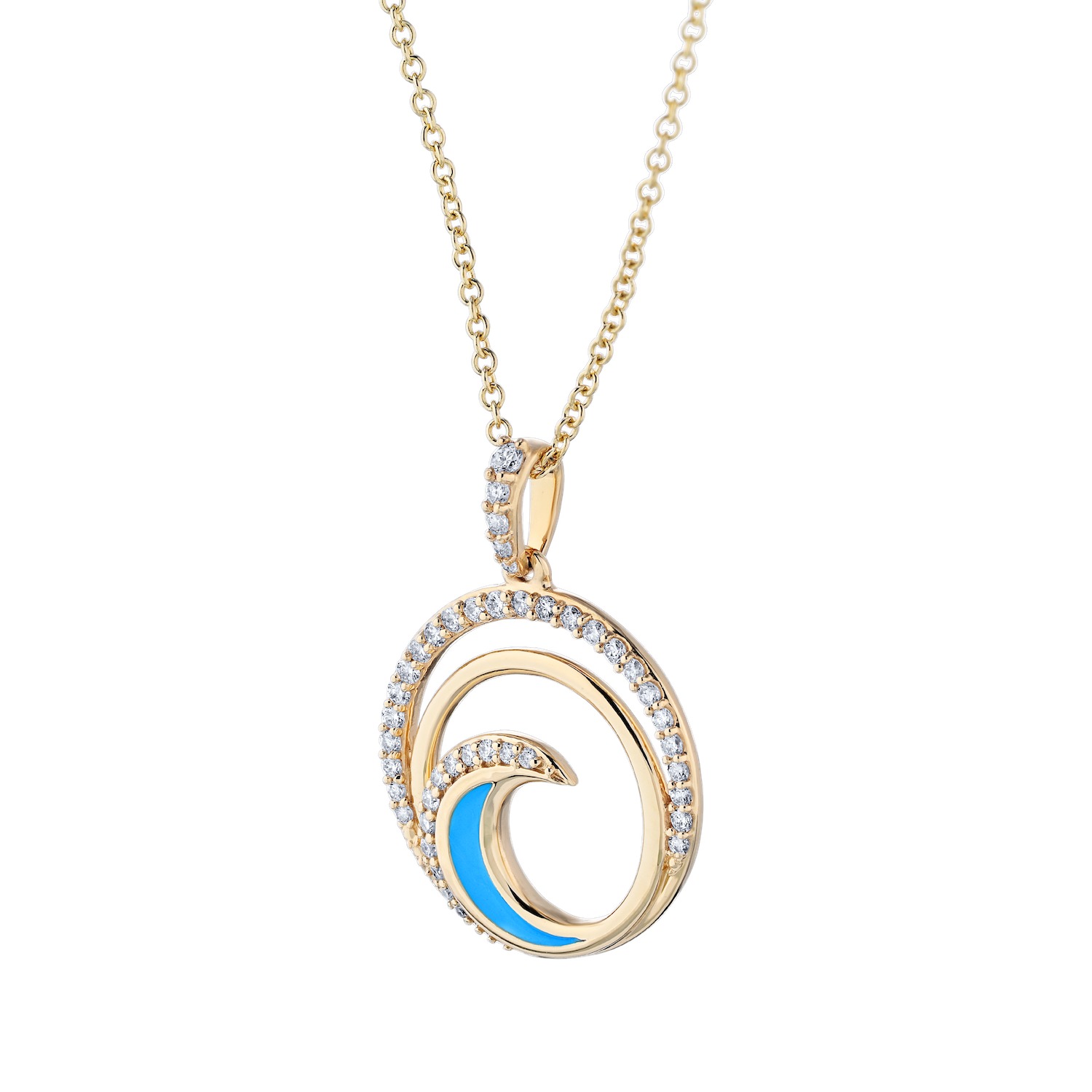14K Yellow Gold Pendant Concentric Circles Wave Center Diamond 0.20 Ctw