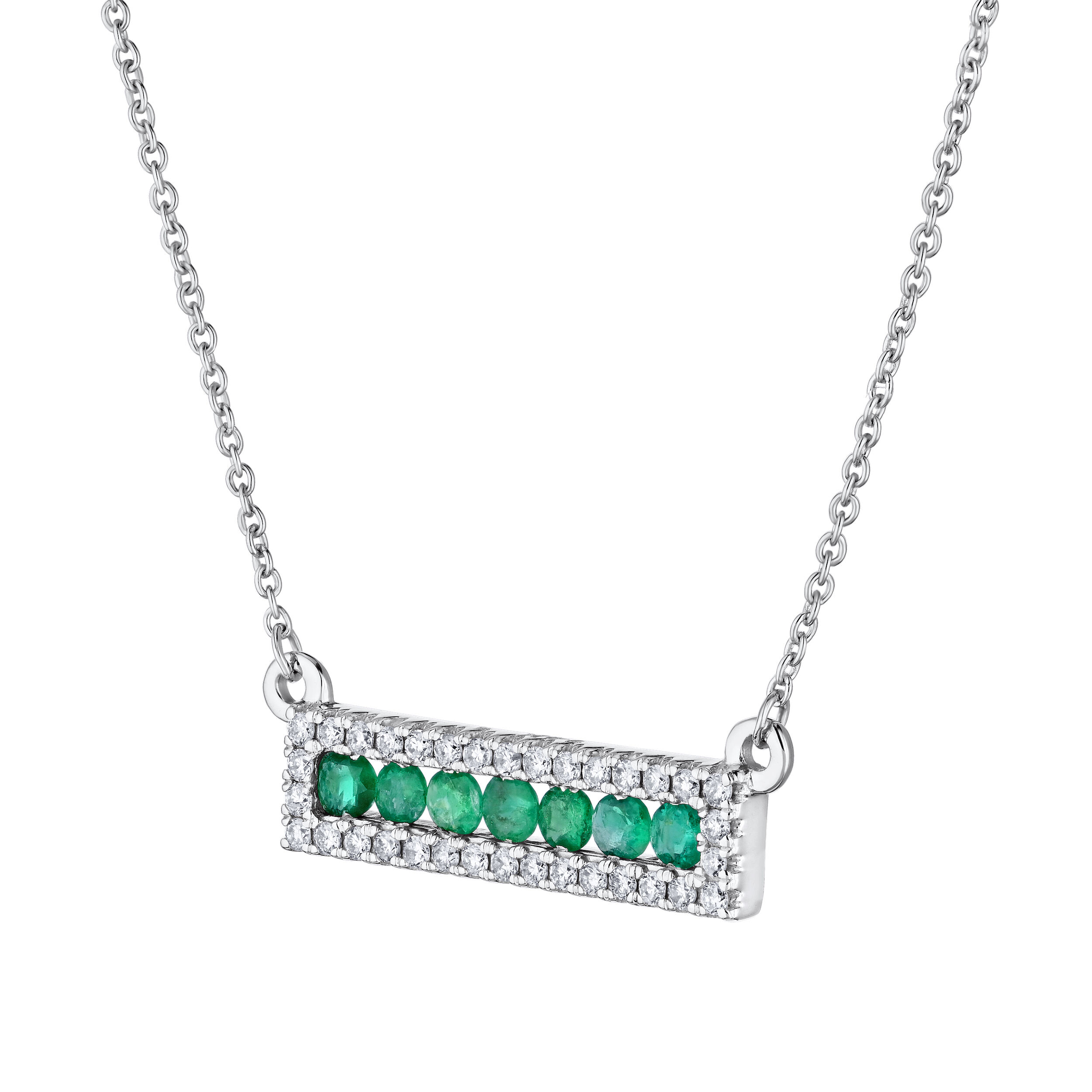 Majestic Gems&trade; 14k White Gold Bar Channel Set Emerald with Diamond Surround Emerald & Diamond 0.72 Ctw