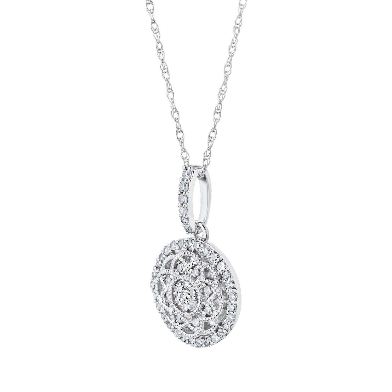 10K White Gold Pendant Filigree Milgrain Round Shape Diamond 0.20 Ctw