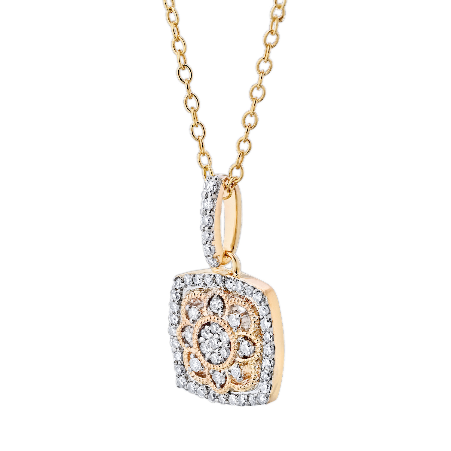 10K Yellow Gold Pendant Cushion Shape Filigree Milgrain Diamond 0.20 Ctw