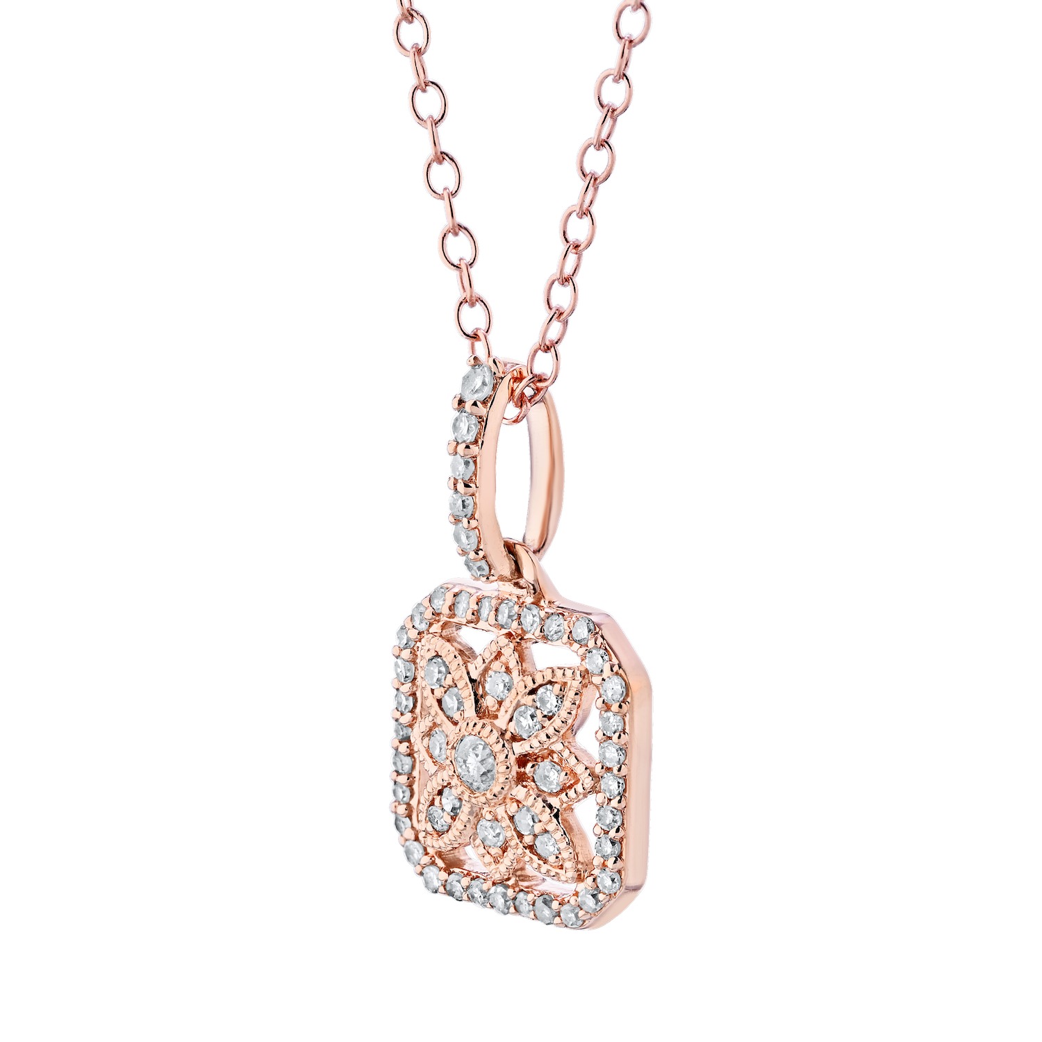 10K Rose Gold Pendant Cushion Shape Filigree Milgrain Diamond 0.20 Ctw