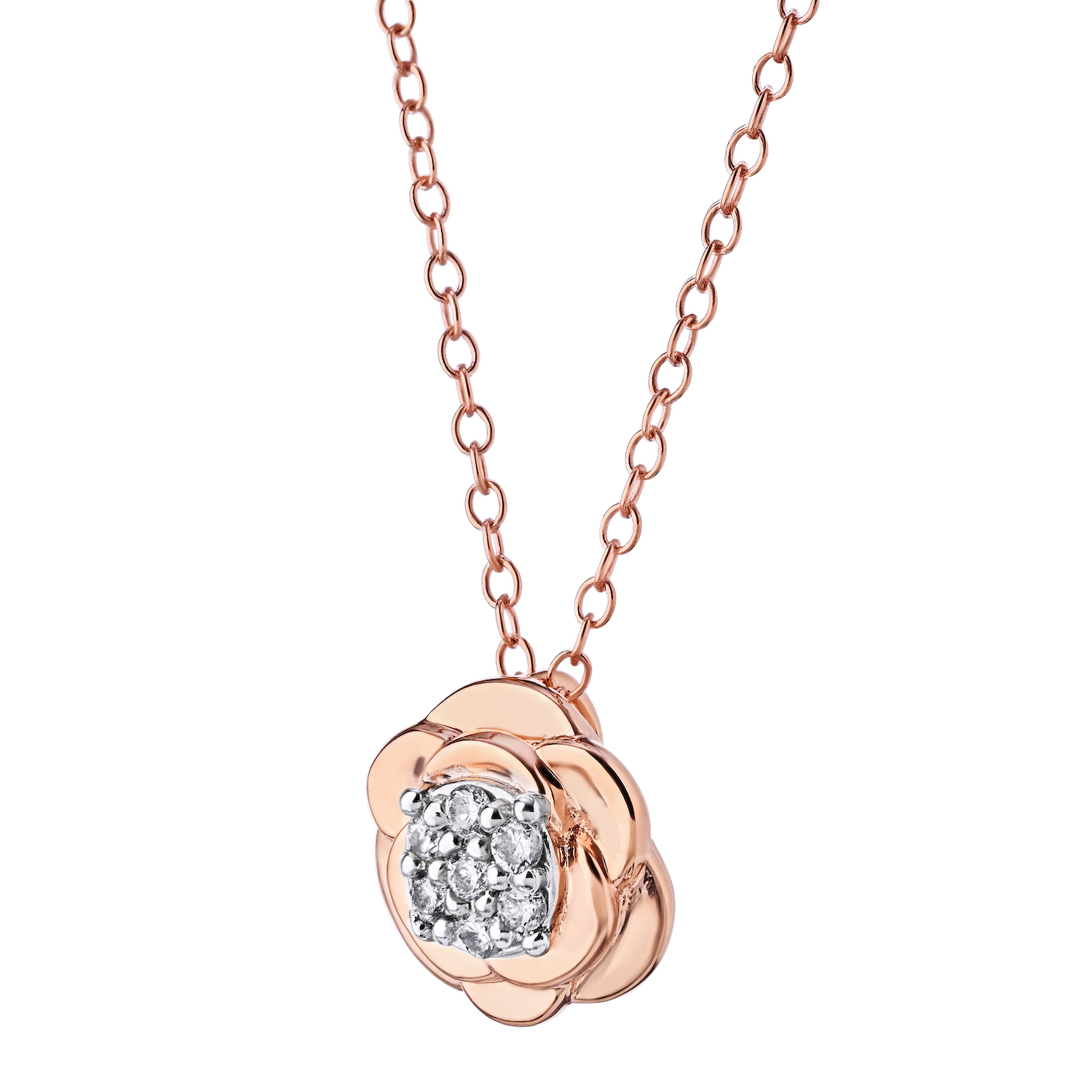 10K Rose Gold Pendant Flower Slider Diamond Pave Center Diamond 0.10 Ctw