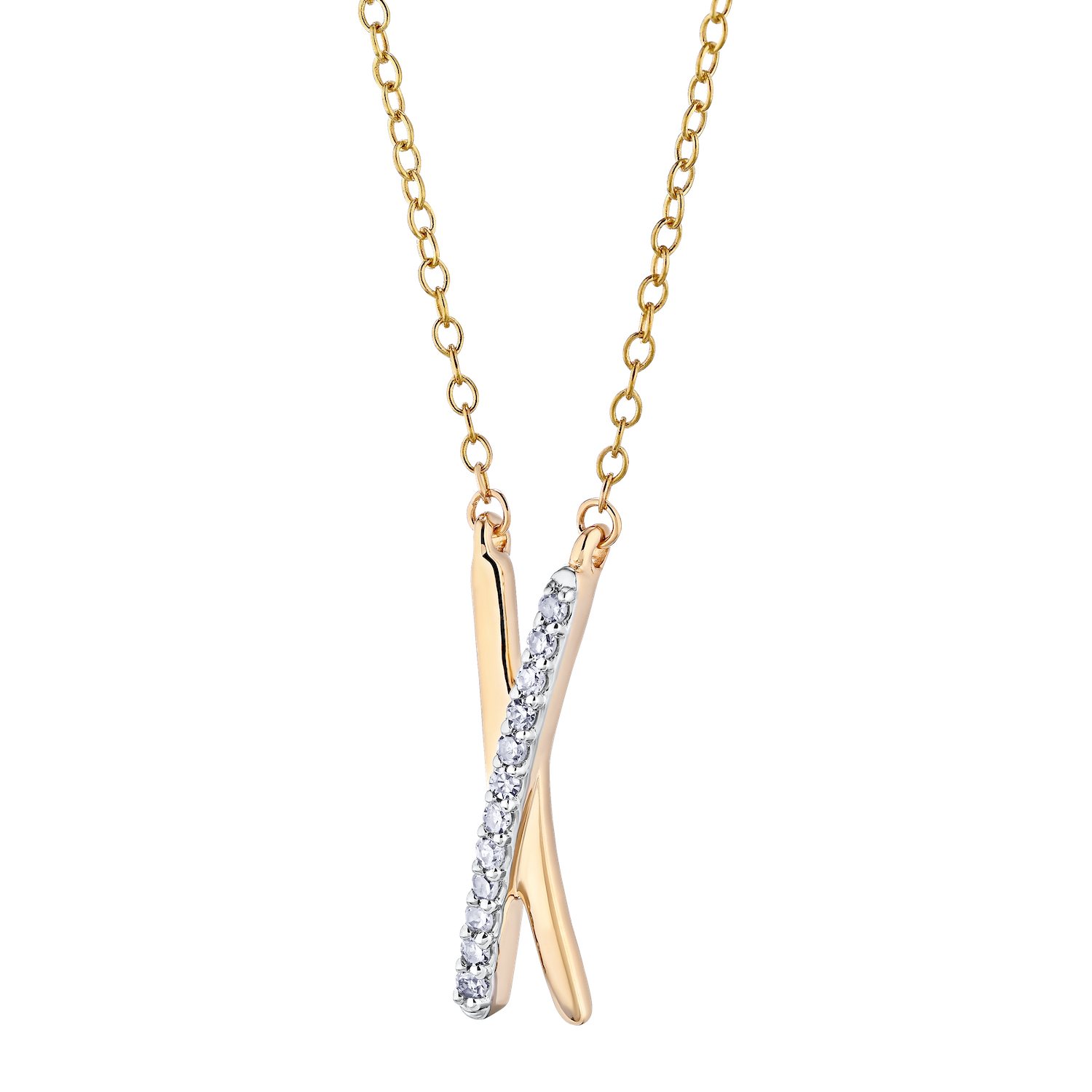 10K Yellow Gold Necklace 'X' Slider 1 Side Pave 1 Side Polished Diamond 0.10 Ctw