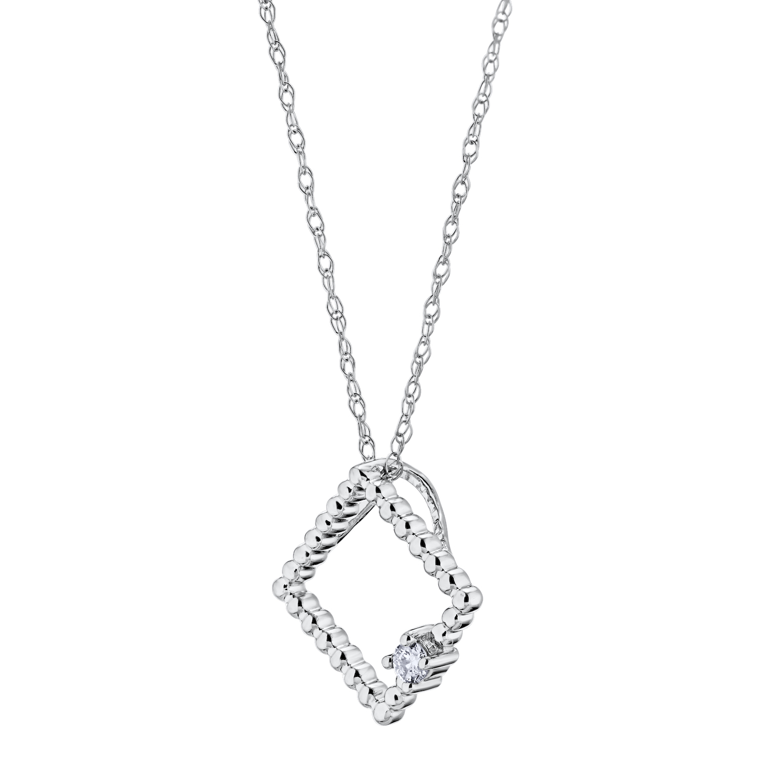 10K White Gold Pendant Cutout Square Offset Gold Balls 1 Prong Set Diamond 0.05 Ctw