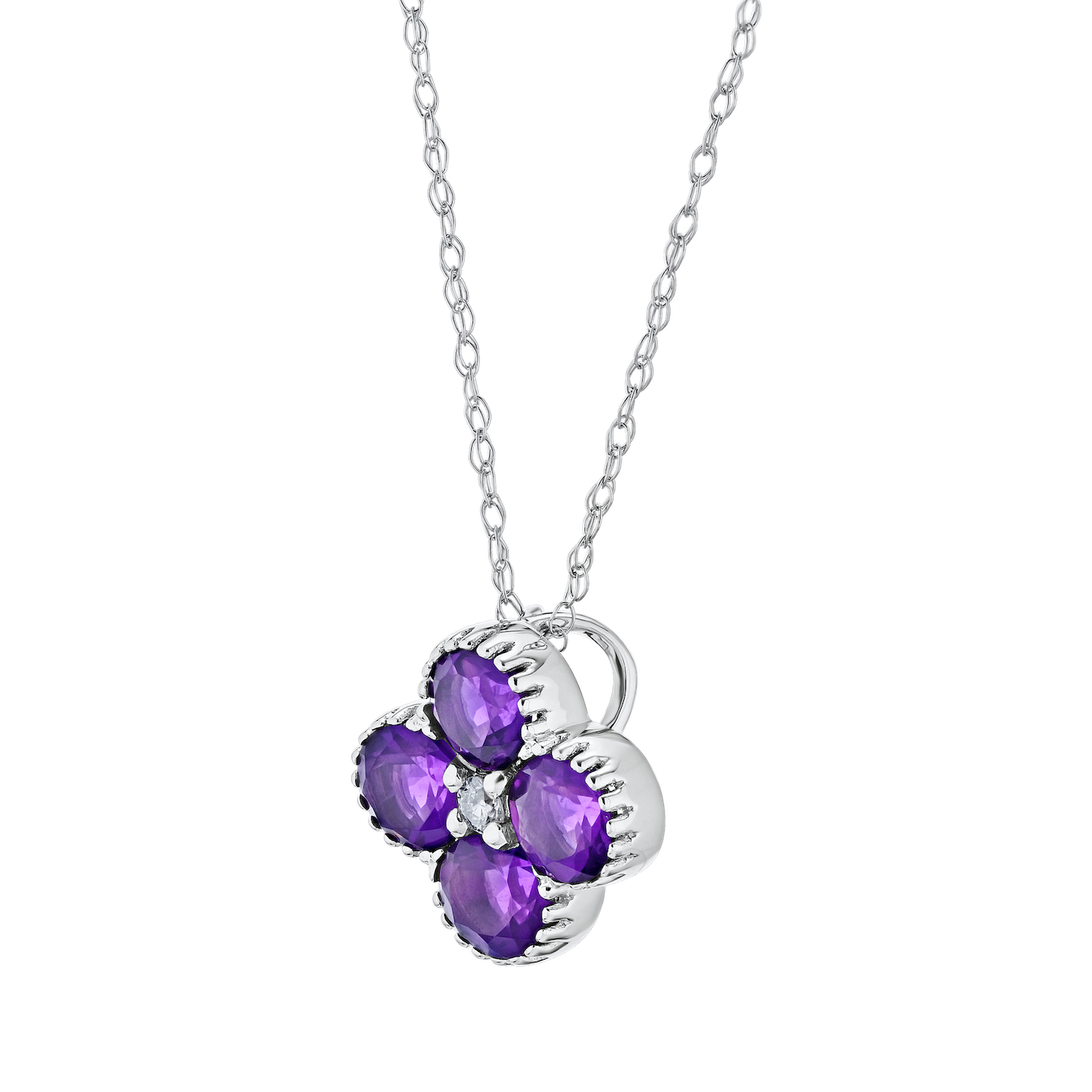 Majestic Gems&trade; 10k White Gold Color Clover Slider Diamond Center Amethyst & Diamond 1.02 Ctw