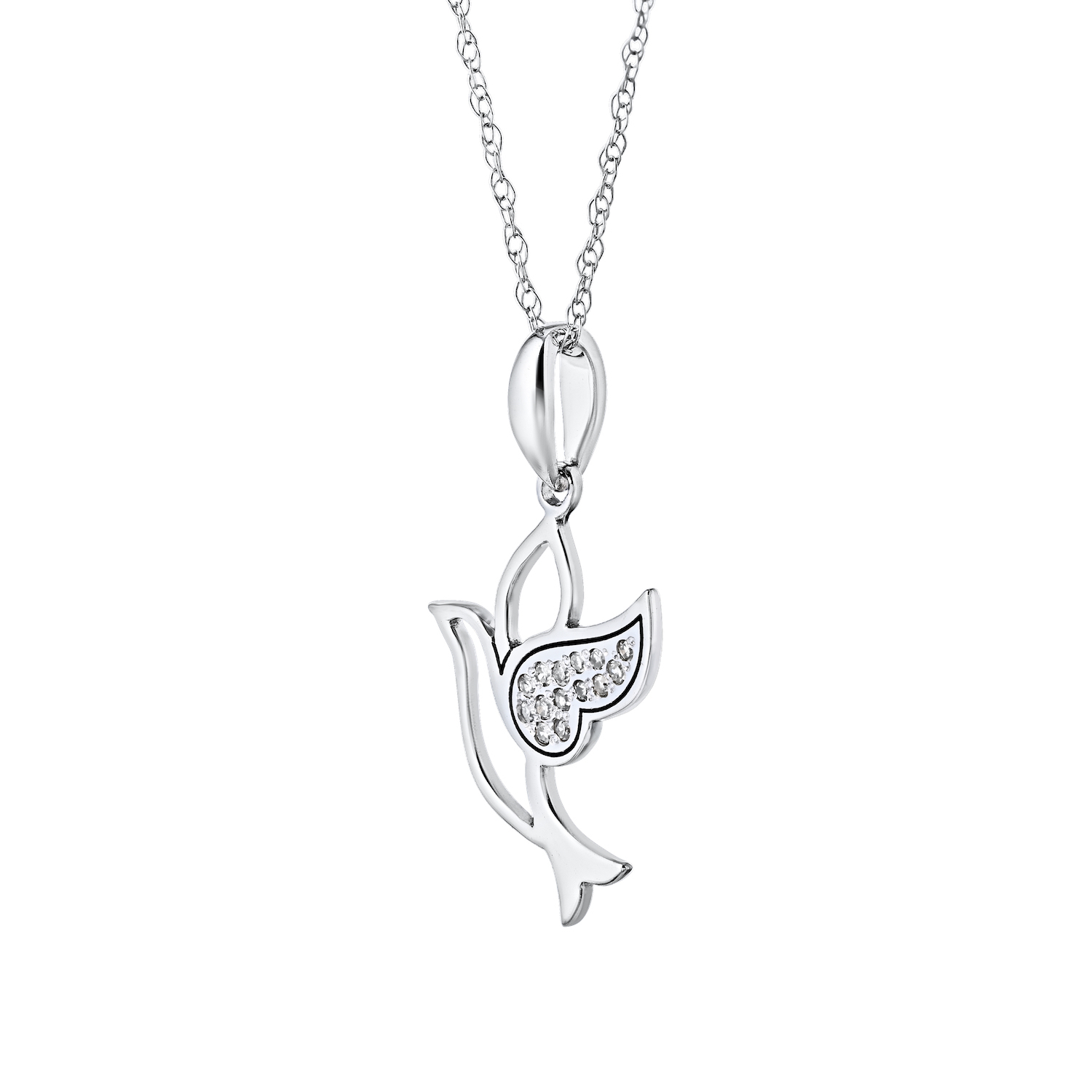 10K White Gold Pendant Cutout Dove One Wing Pave Diamond 0.05 Ctw