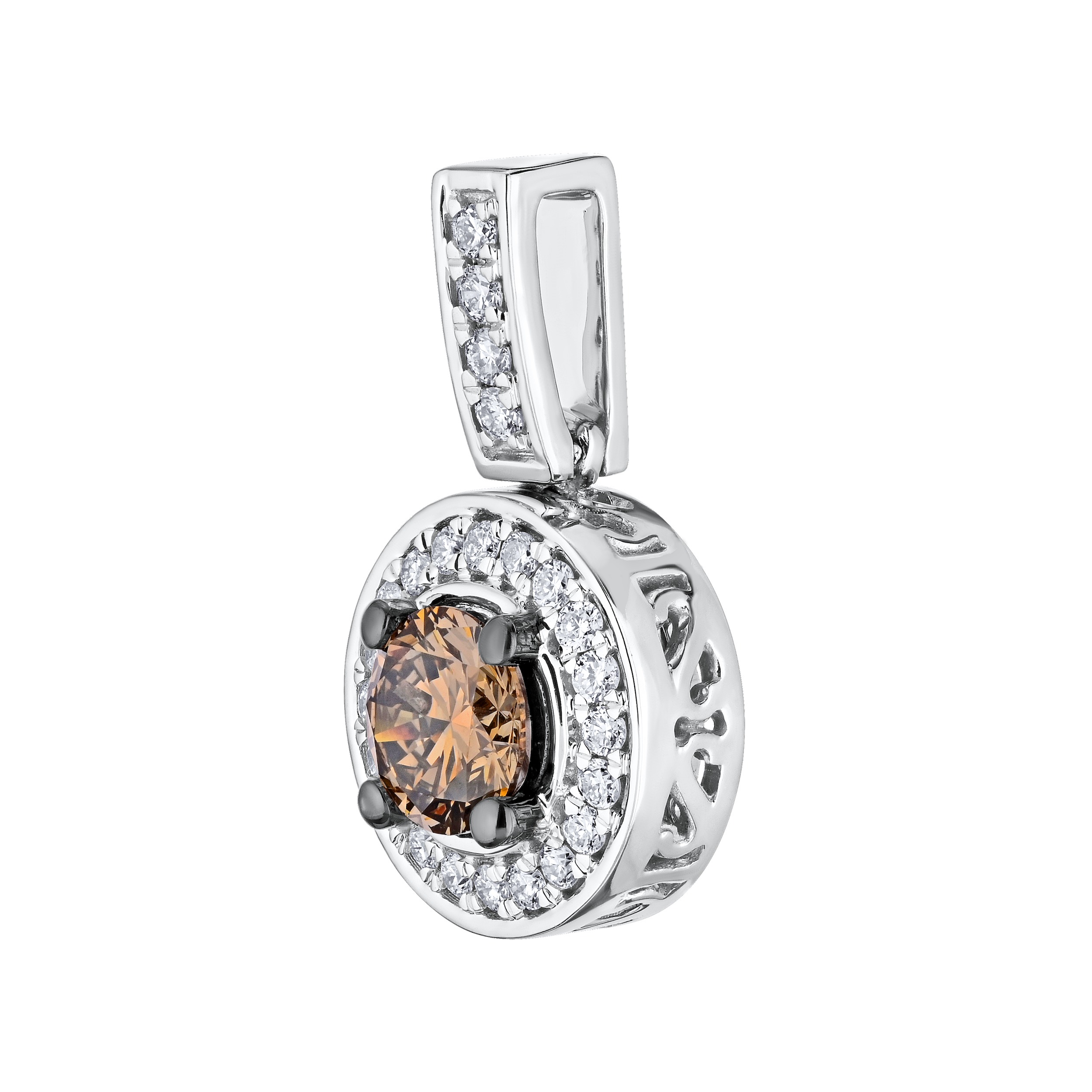 Cinnamon Dulce&trade; 14K White Gold Prong Set Center Cognac With Halo And Diamond Set Bail Diamond & Cognac 0.73 Ctw