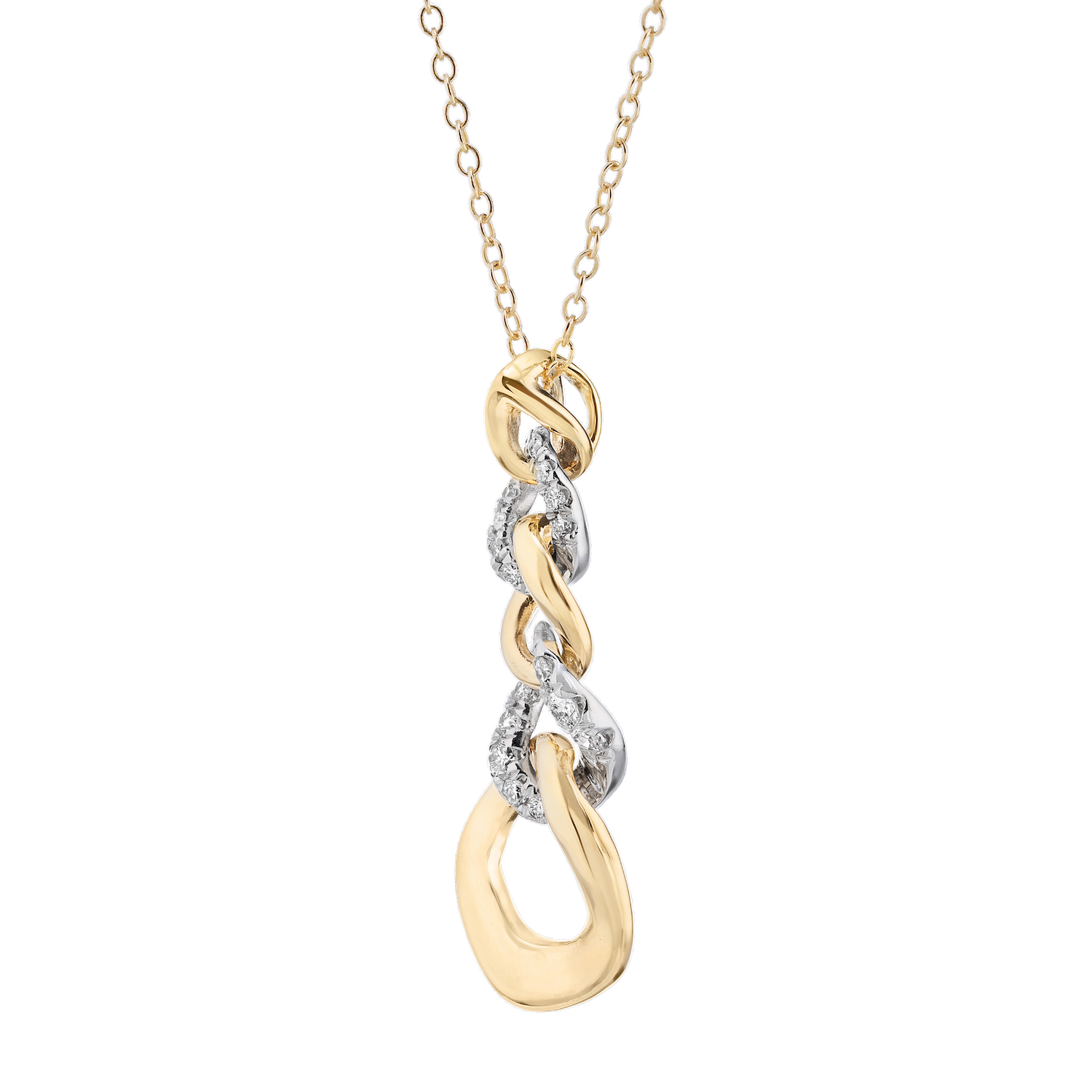 14K Two Tone Pendant Graduated Chain Link Alternating Polished and Pave Diamond 0.20 Ctw