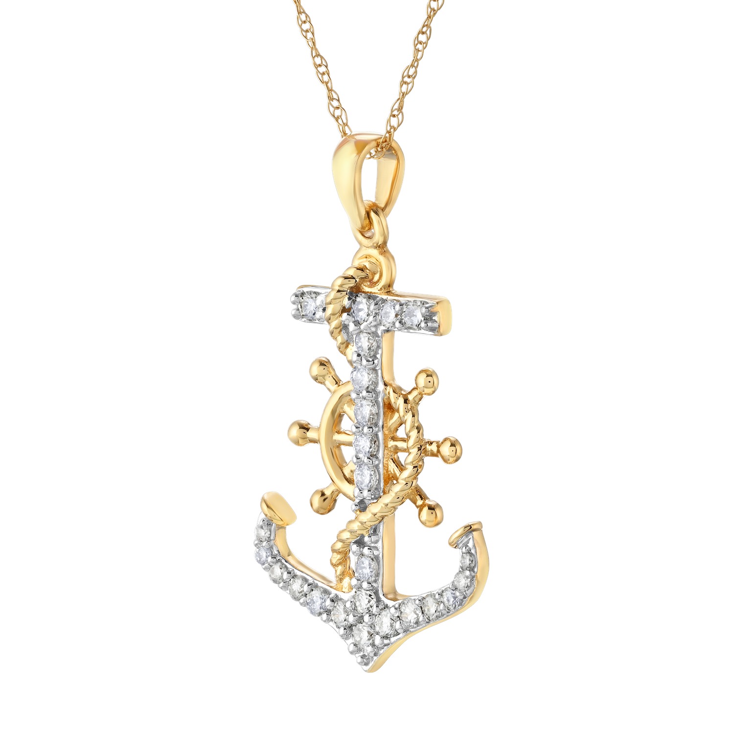 BluSea&trade; 14k Yellow Gold Pendant Pave Anchor with Rope & Ships Wheel Diamond 0.33 Ctw