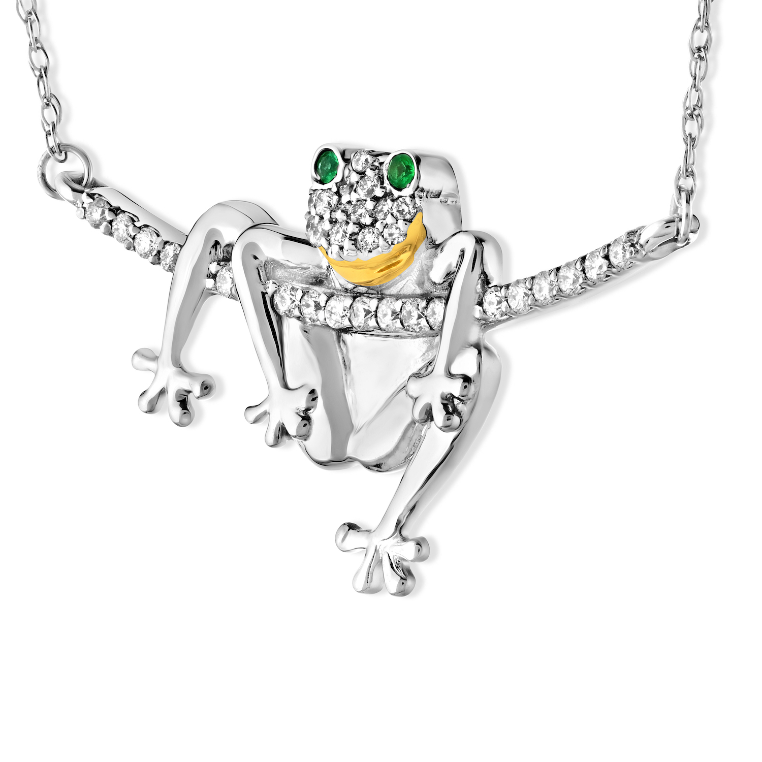 OCEANITY &trade; 14k White Gold Necklace Frog Hanging Over Pave Curved Bar Diamond 0.15 Ctw