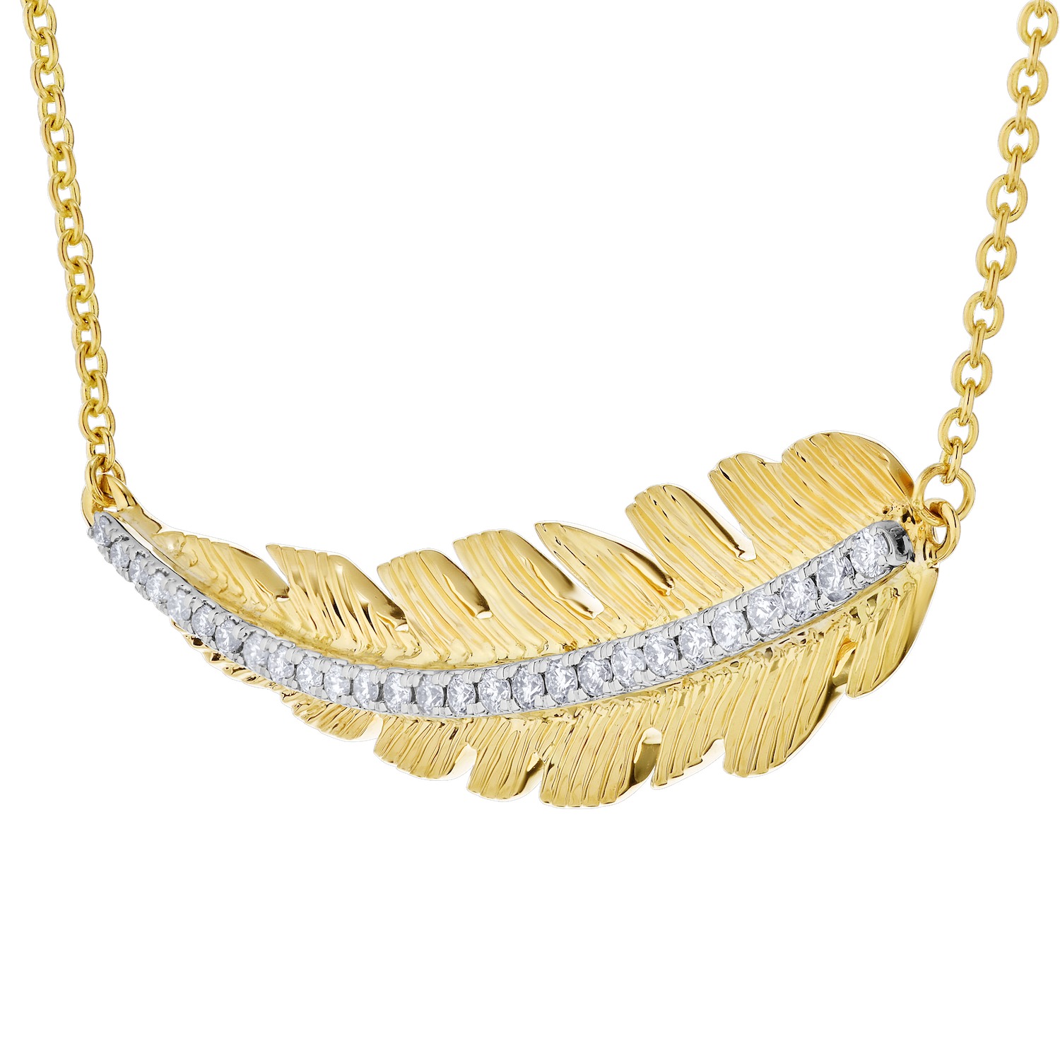 14K Yellow Gold Necklace Horizontal Feather with Pave Set Spine Diamond 0.20 Ctw