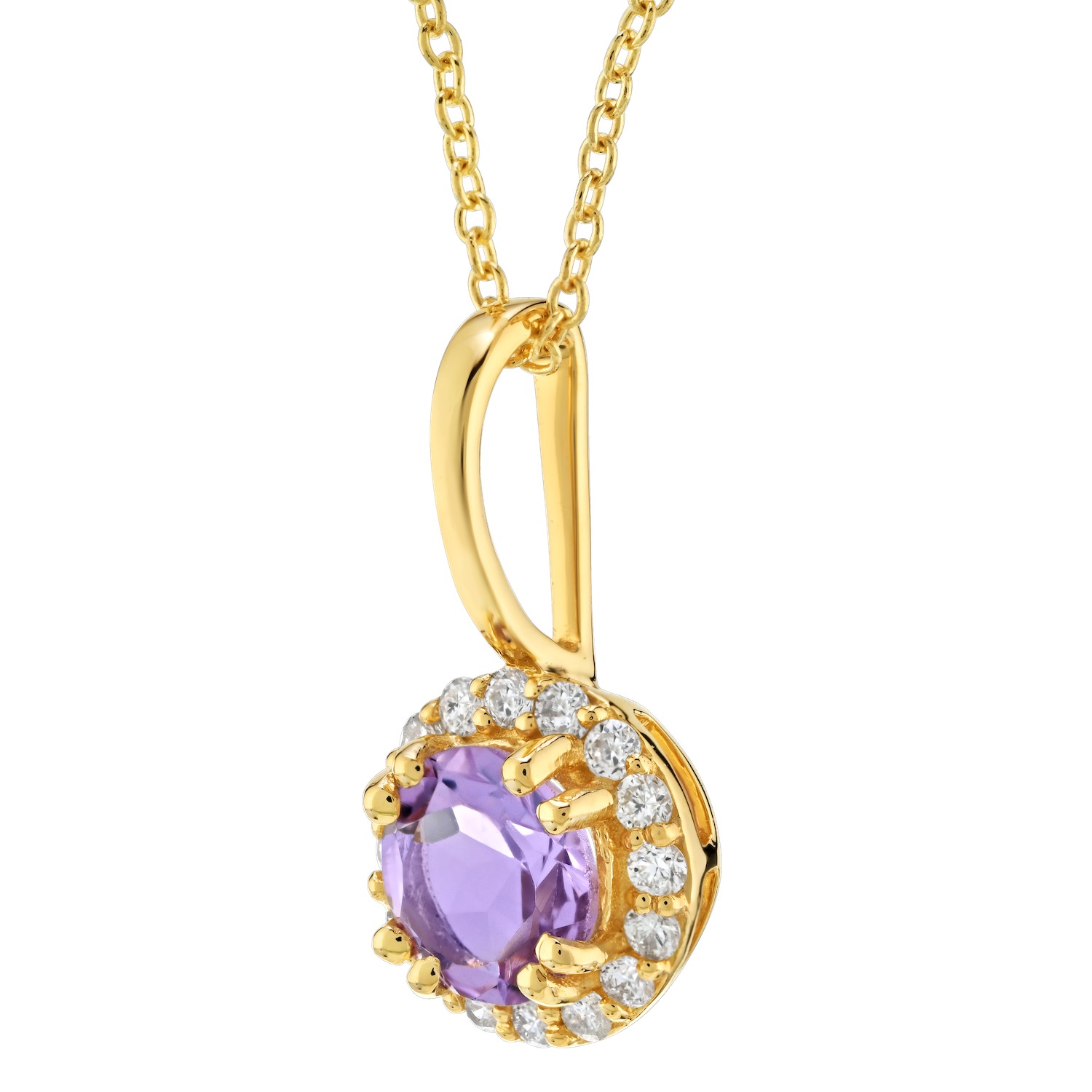 Birthstone Collection 10K Yellow Gold Round Center with Halo Pendant Diamond and Amethyst 0.60 Ctw