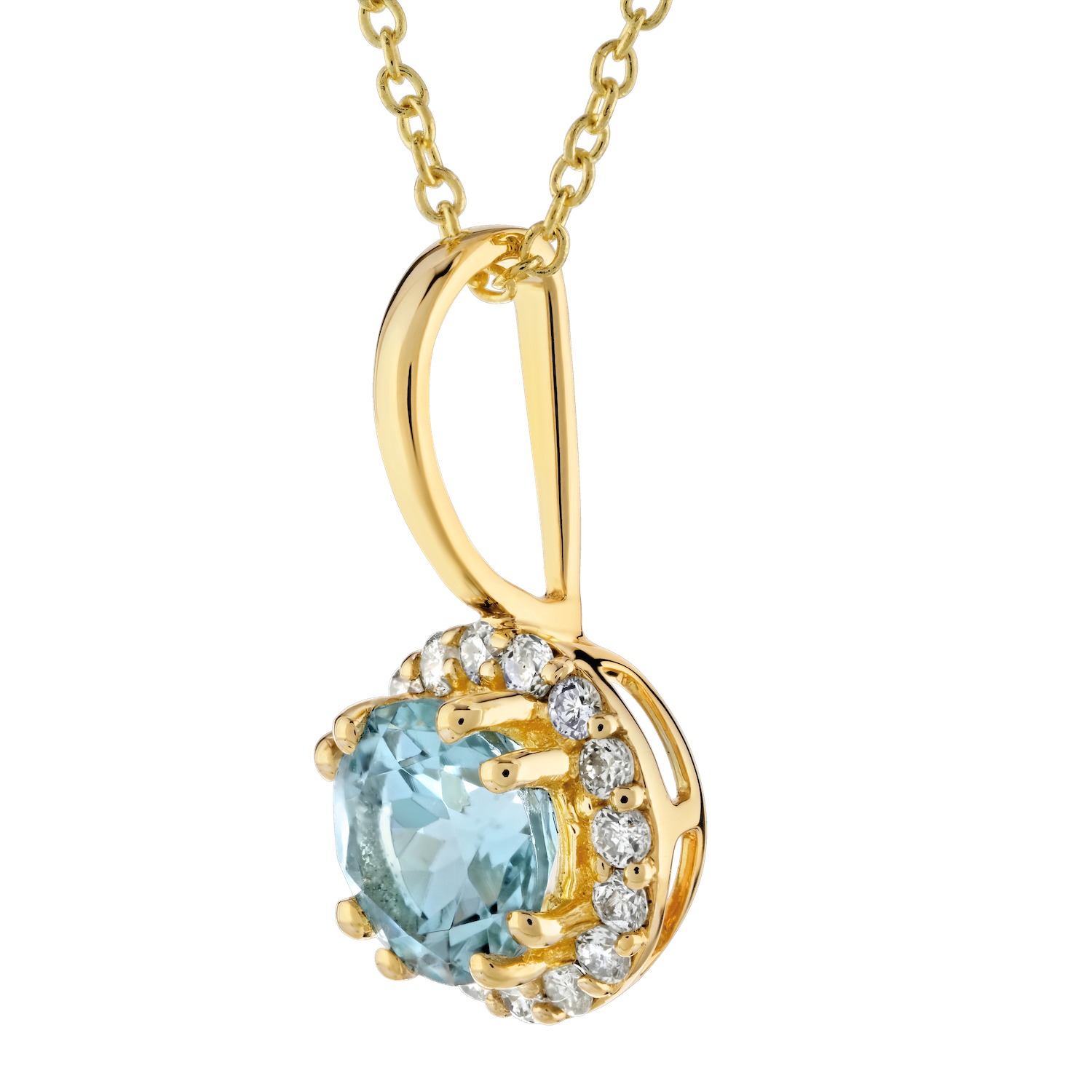 Birthstone Collection 10K Yellow Gold Round Center with Halo Pendant Diamond and Aqua 0.60 Ctw