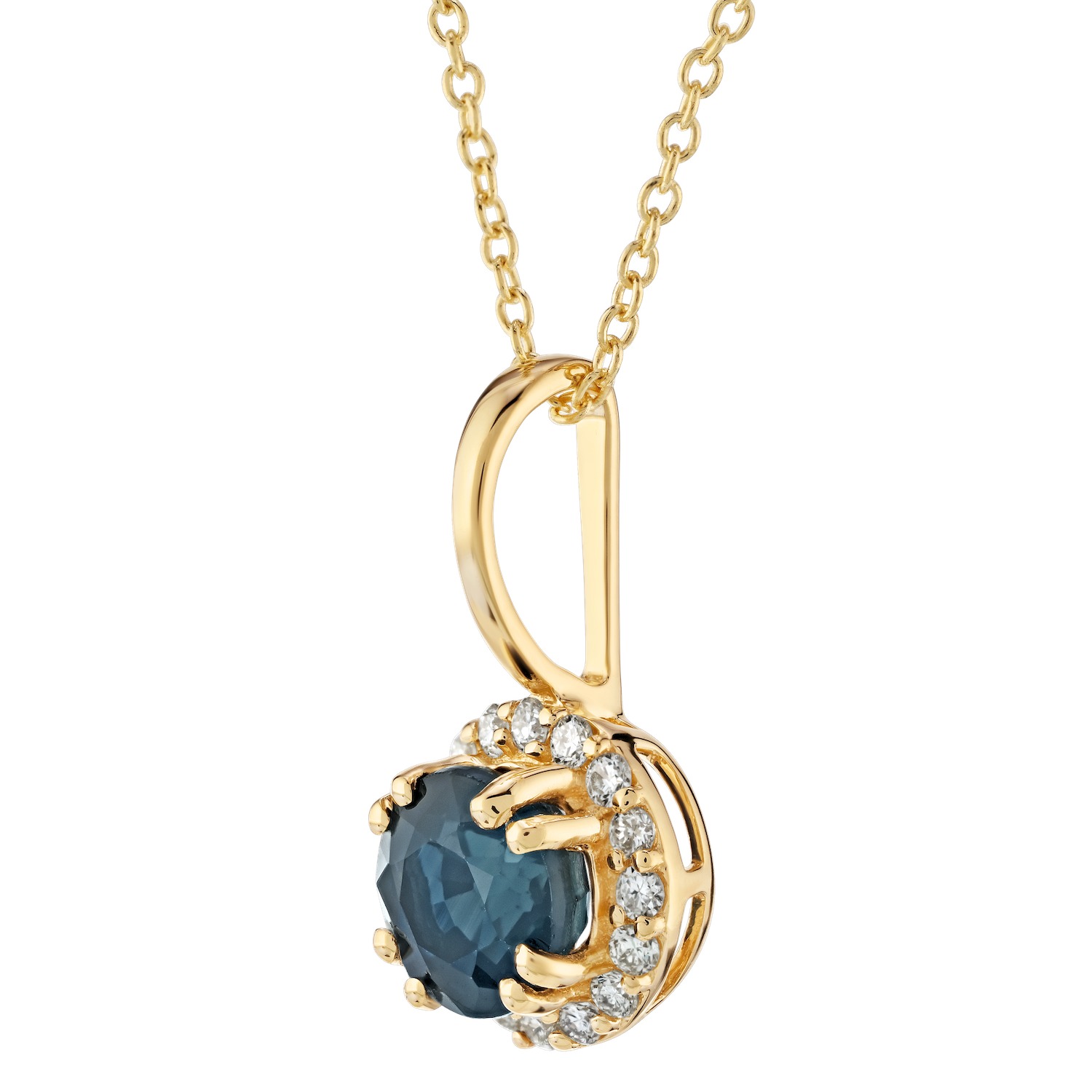 Birthstone Collection 10K Yellow Gold Round Center with Halo Pendant Diamond and Blue Sapphire 0.60 Ctw