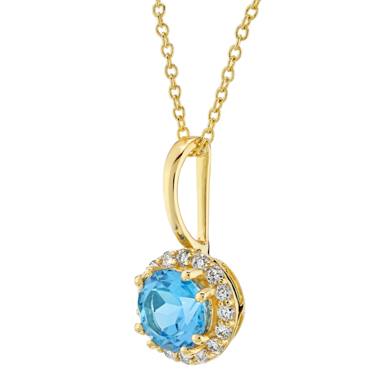 Birthstone Collection 10K Yellow Gold Round Center with Halo Pendant Diamond and Blue Topaz 0.60 Ctw