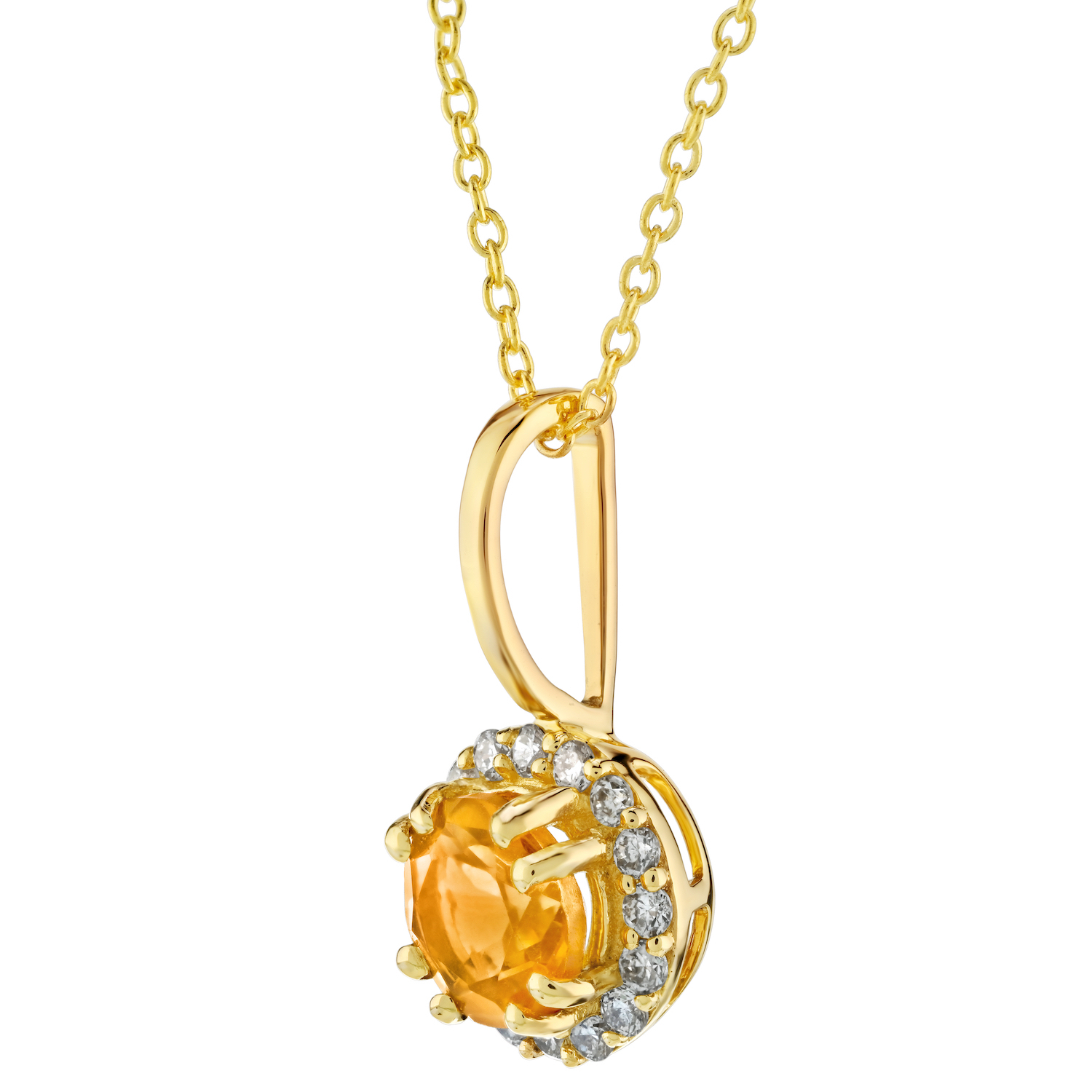 Birthstone Collection 10K Yellow Gold Round Center with Halo Pendant Diamond and Citrine 0.60 Ctw