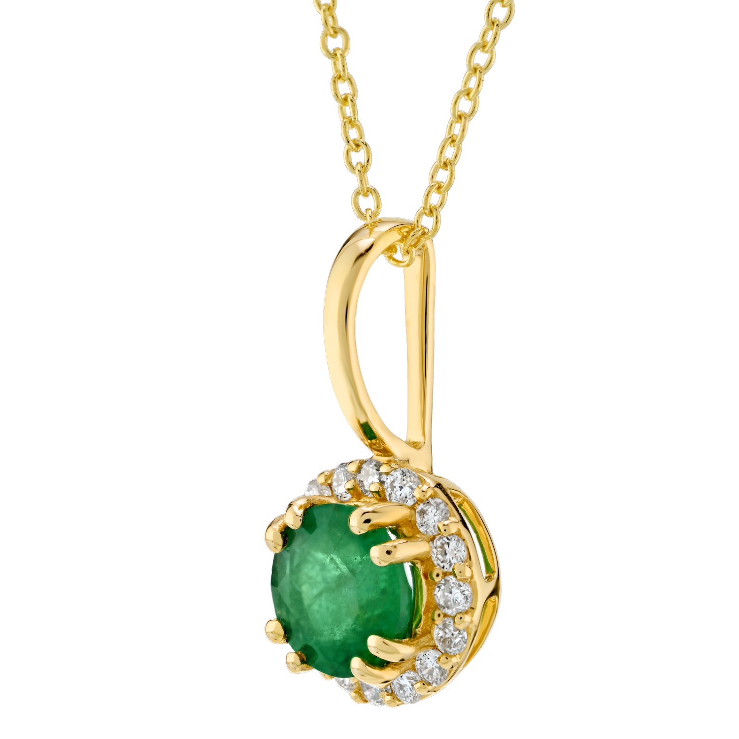 Birthstone Collection 10K Yellow Gold Round Center with Halo Pendant Diamond and Emerald 0.60 Ctw
