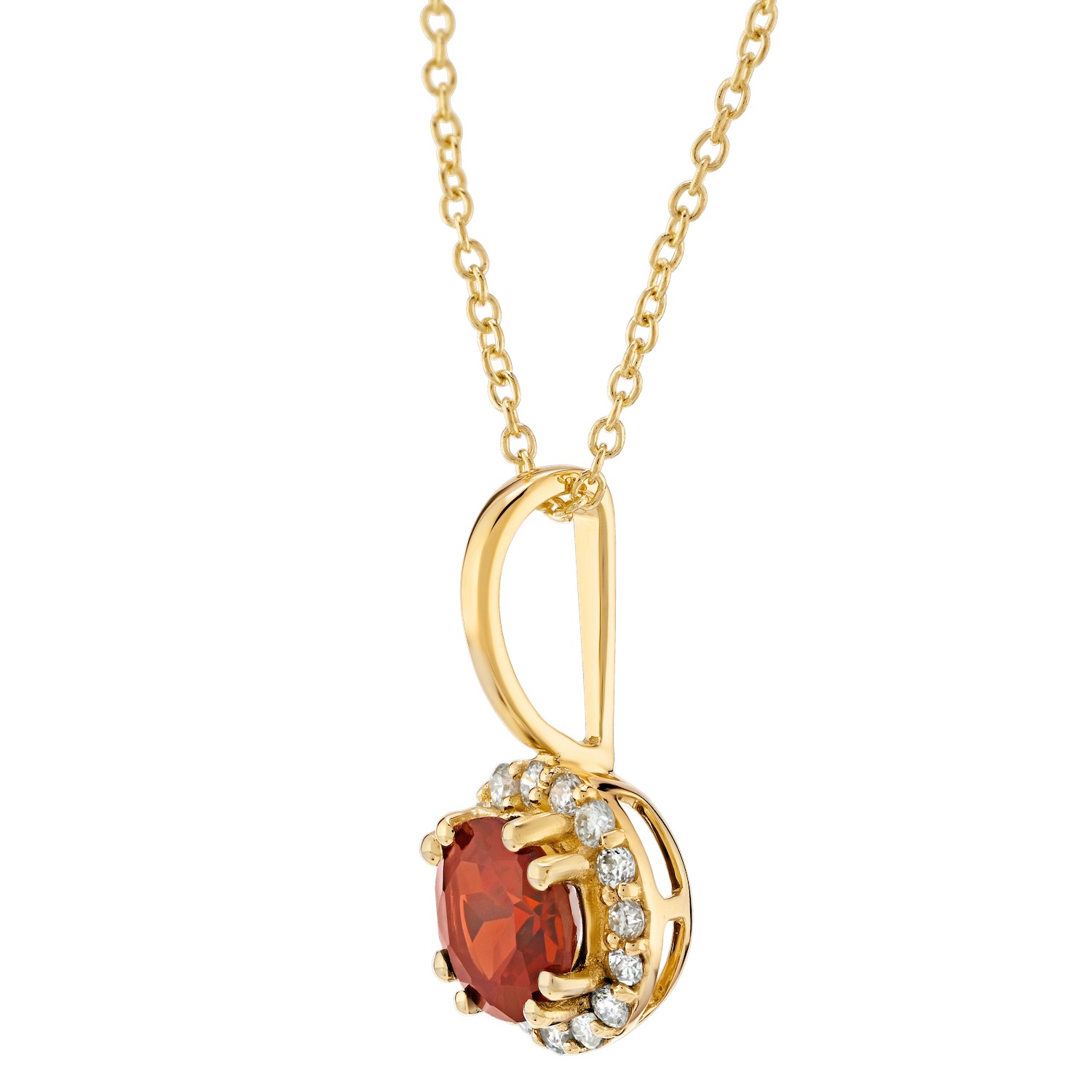 Birthstone Collection 10K Yellow Gold Round Center with Halo Pendant Diamond and Garnet 0.60 Ctw