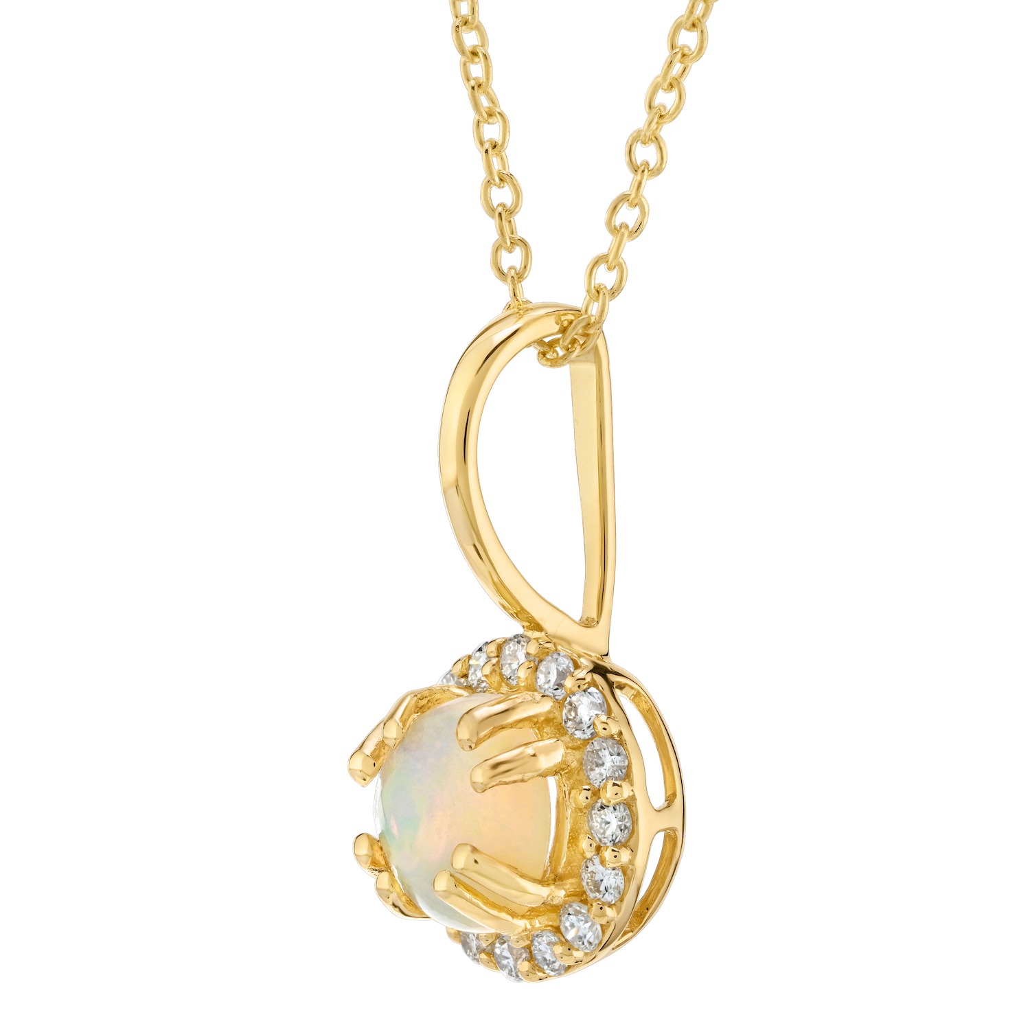 Birthstone Collection 10K Yellow Gold Round Center with Halo Pendant Diamond and Opal 0.60 Ctw