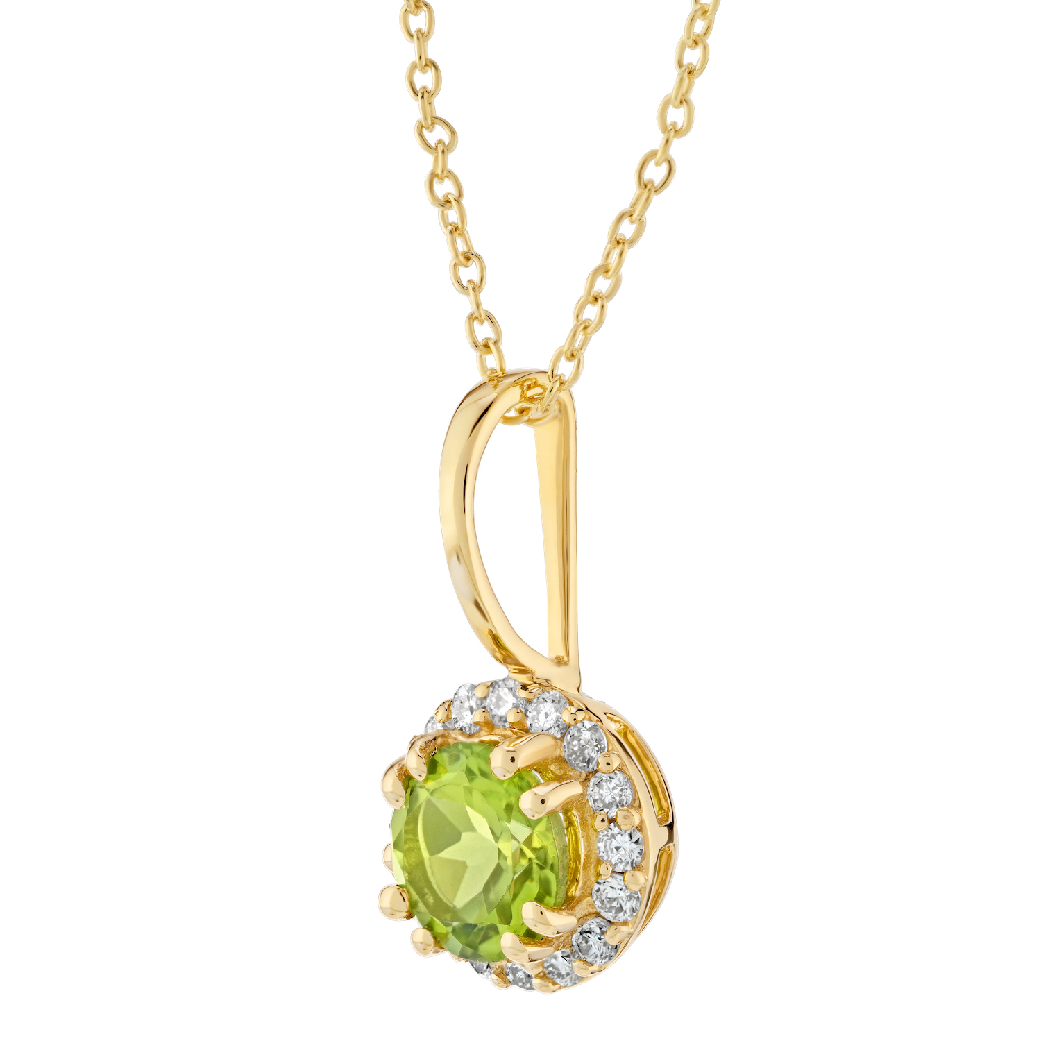 Birthstone Collection 10K Yellow Gold Round Center with Halo Pendant Diamond and Peridot 0.60 Ctw