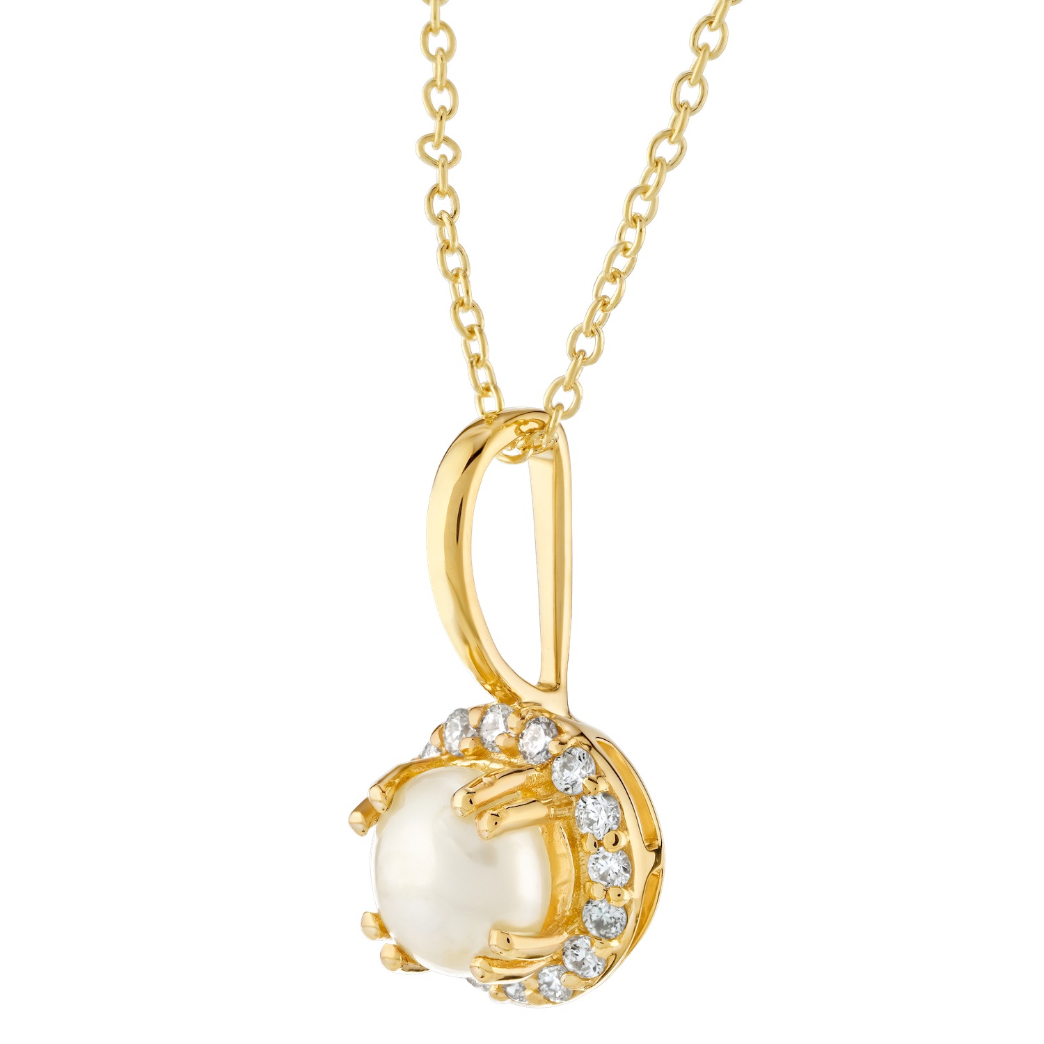 Birthstone Collection 10K Yellow Gold Round Center with Halo Pendant Diamond and Pearl 0.60 Ctw