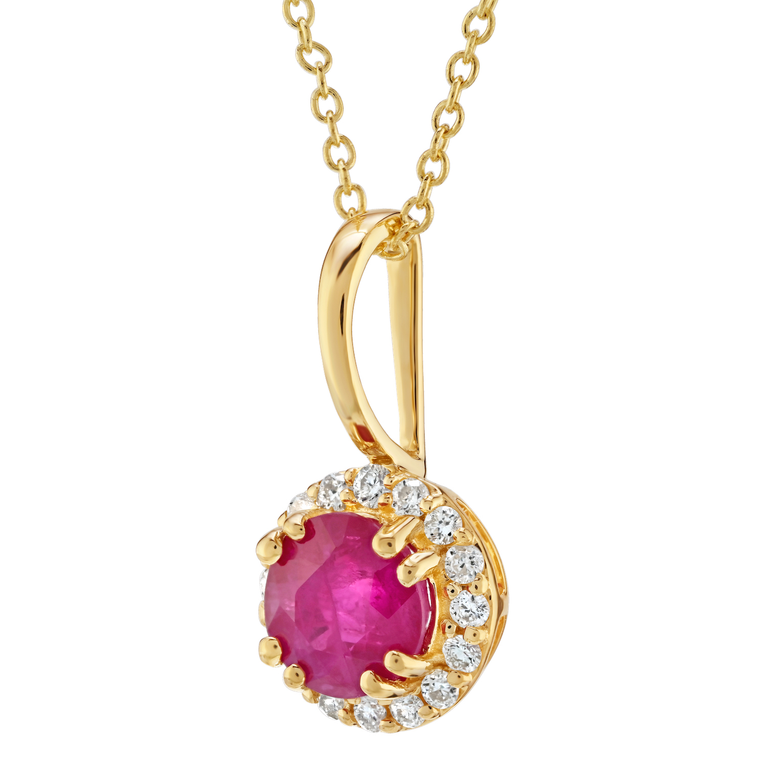 Birthstone Collection 10K Yellow Gold Round Center with Halo Pendant Diamond and Ruby 0.60 Ctw