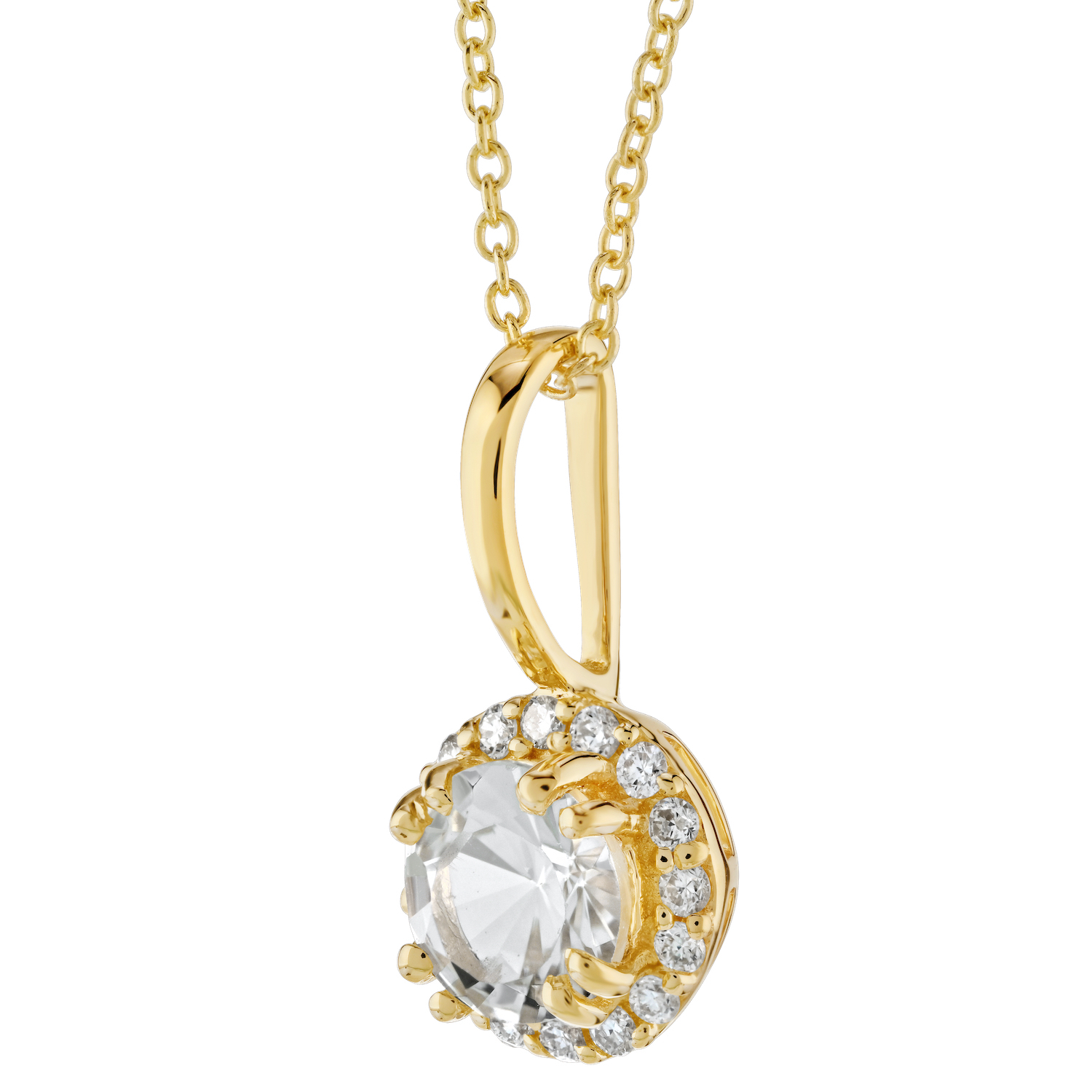 Birthstone Collection 10K Yellow Gold Round Center with Halo Pendant Diamond and White Topaz 0.60 Ctw
