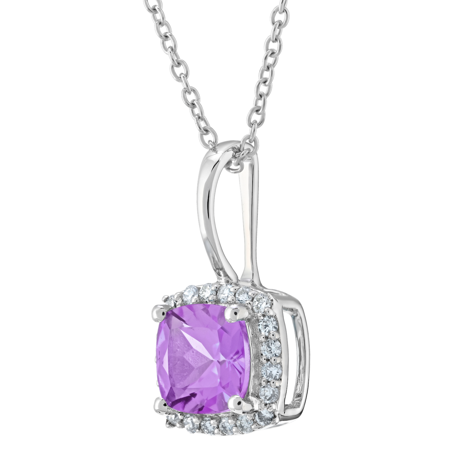 Birthstone Collection 10K White Gold Cushion Center Halo Plain Bail Pendant Diamond and Amethyst 0.60 Ctw
