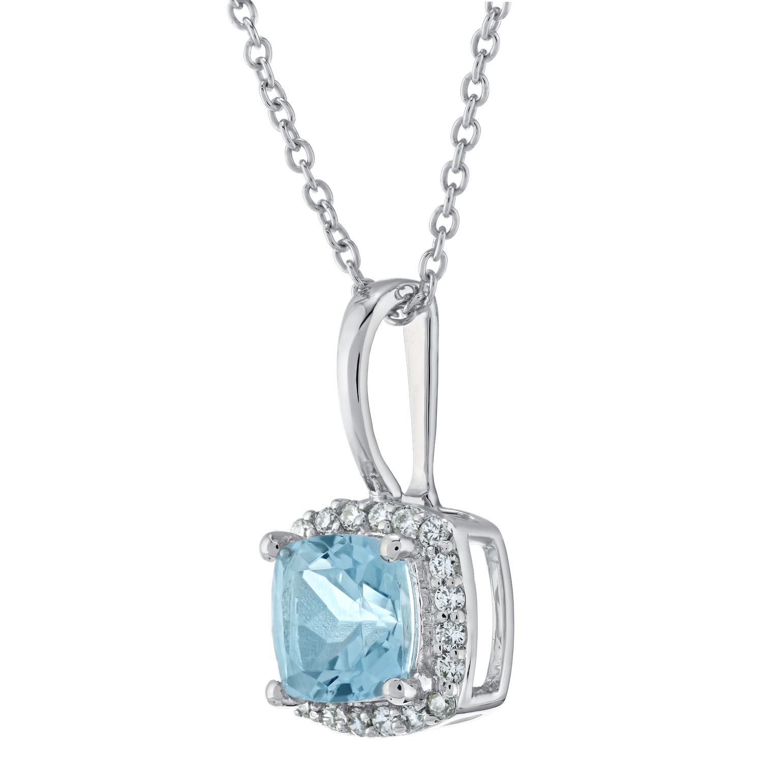 Birthstone Collection 10K White Gold Cushion Center Halo Plain Bail Pendant Diamond and Aqua 0.60 Ctw