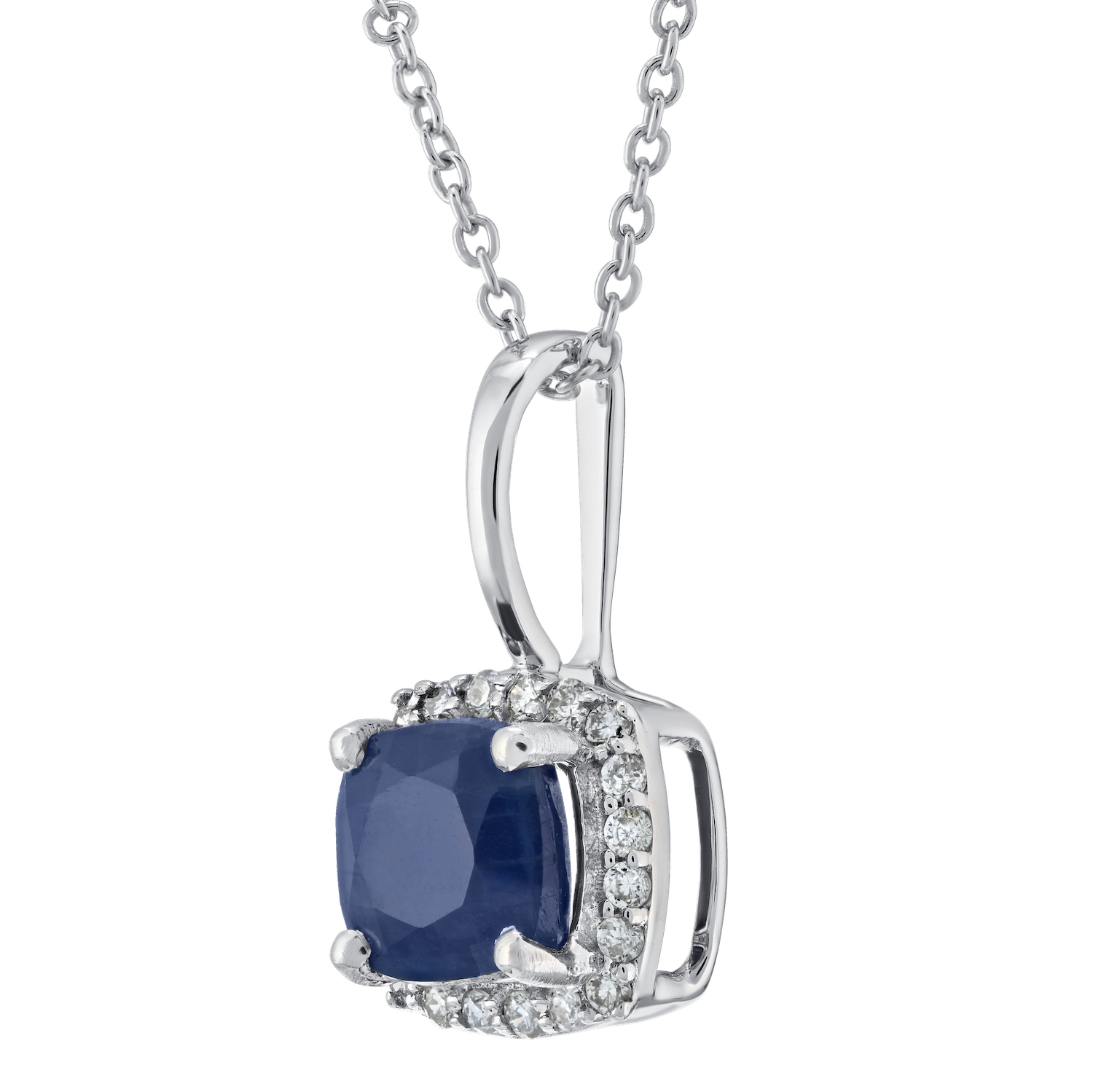 Birthstone Collection 10K White Gold Cushion Center Halo Plain Bail Pendant Diamond and Blue Sapphire 0.60 Ctw