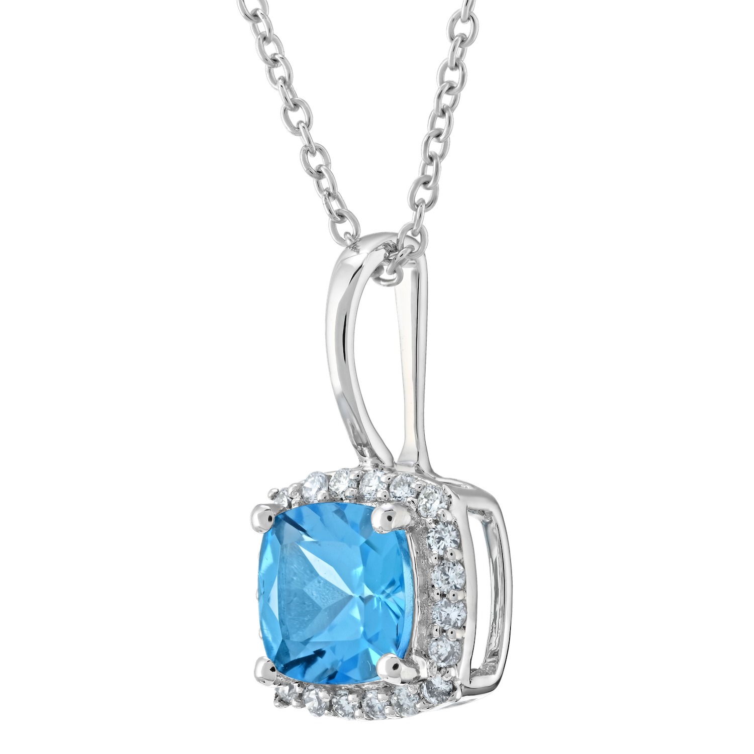 Birthstone Collection 10K White Gold Cushion Center Halo Plain Bail Pendant Diamond and Blue Topaz 0.60 Ctw