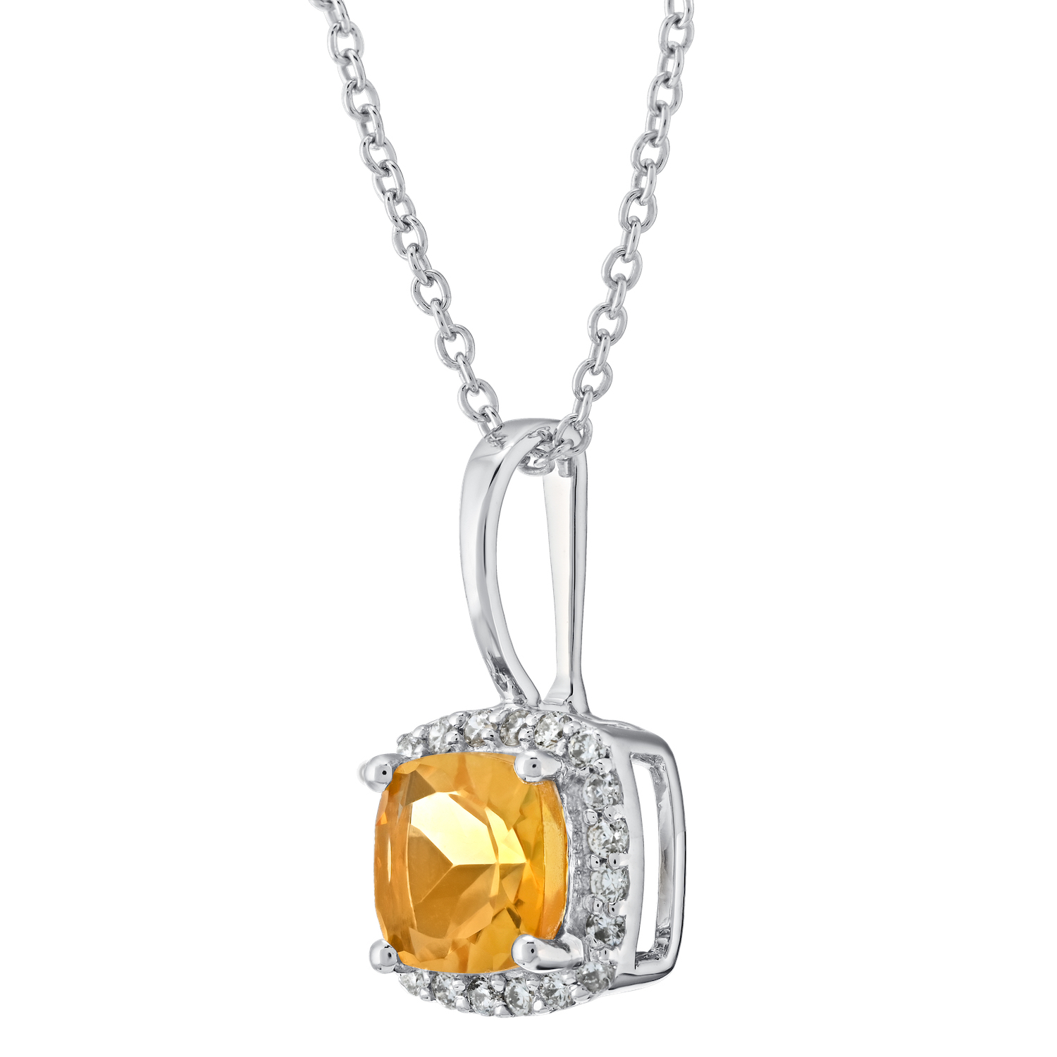 Birthstone Collection 10K White Gold Cushion Center Halo Plain Bail Pendant Diamond and Citrine 0.60 Ctw