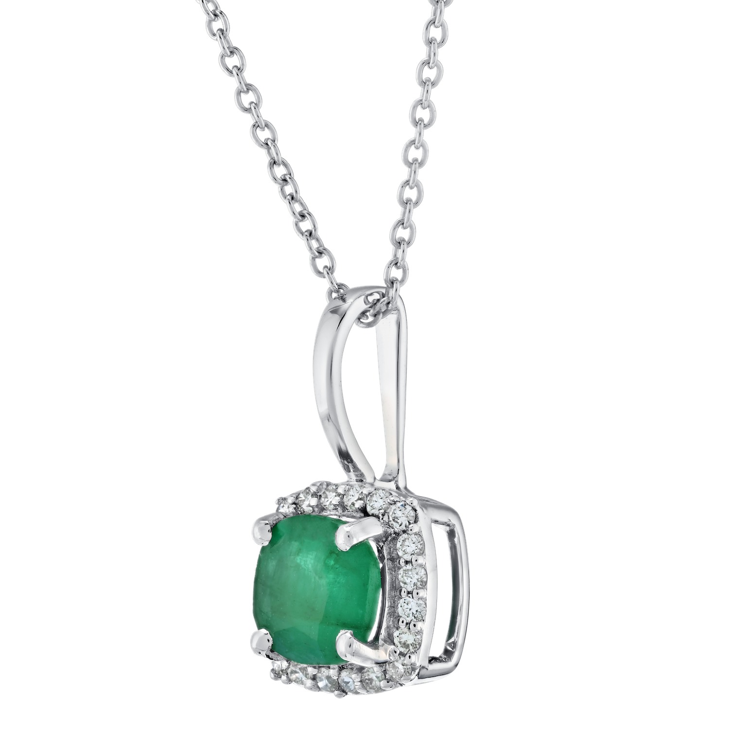 Birthstone Collection 10K White Gold Cushion Center Halo Plain Bail Pendant Diamond and Emerald 0.60 Ctw