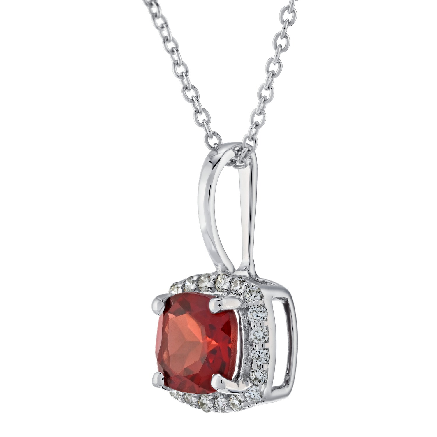 Birthstone Collection 10K White Gold Cushion Center Halo Plain Bail Pendant Diamond and Garnet 0.60 Ctw