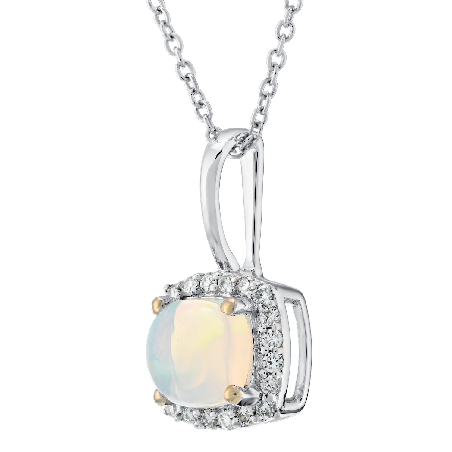 Birthstone Collection 10K White Gold Cushion Center Halo Plain Bail Pendant Diamond and Opal 0.60 Ctw