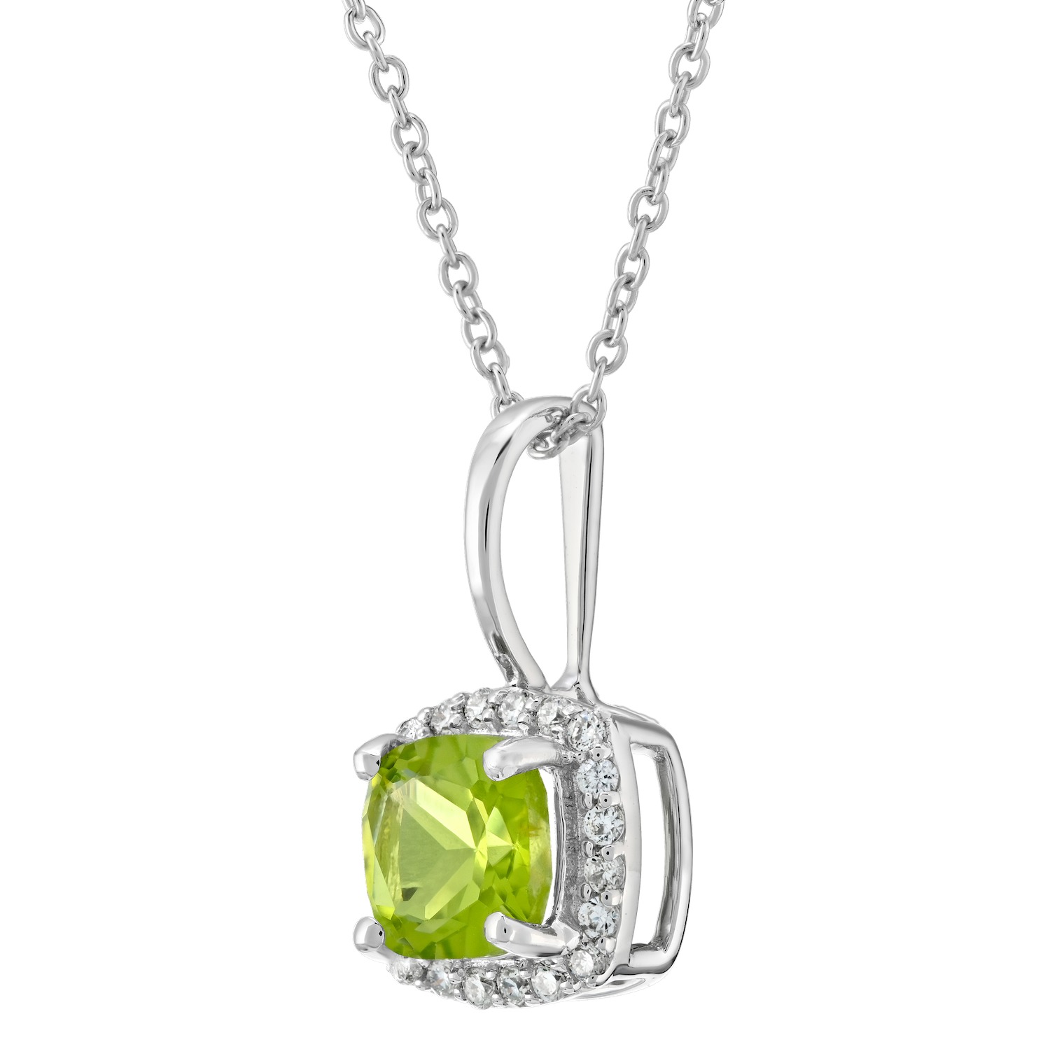 Birthstone Collection 10K White Gold Cushion Center Halo Plain Bail Pendant Diamond and Peridot 0.60 Ctw