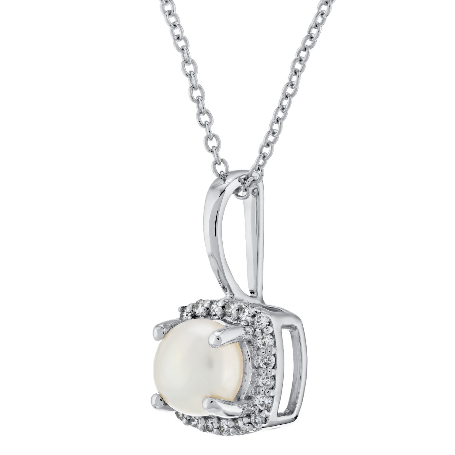 Birthstone Collection 10K White Gold Cushion Center Halo Plain Bail Pendant Diamond and Pearl 0.60 Ctw