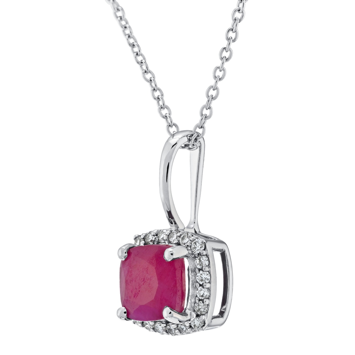 Birthstone Collection 10K White Gold Cushion Center Halo Plain Bail Pendant Diamond and Ruby 0.60 Ctw