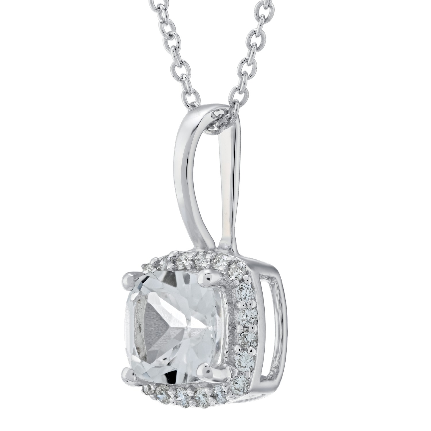 Birthstone Collection 10K White Gold Cushion Center Halo Plain Bail Pendant Diamond and White Topaz 0.60 Ctw