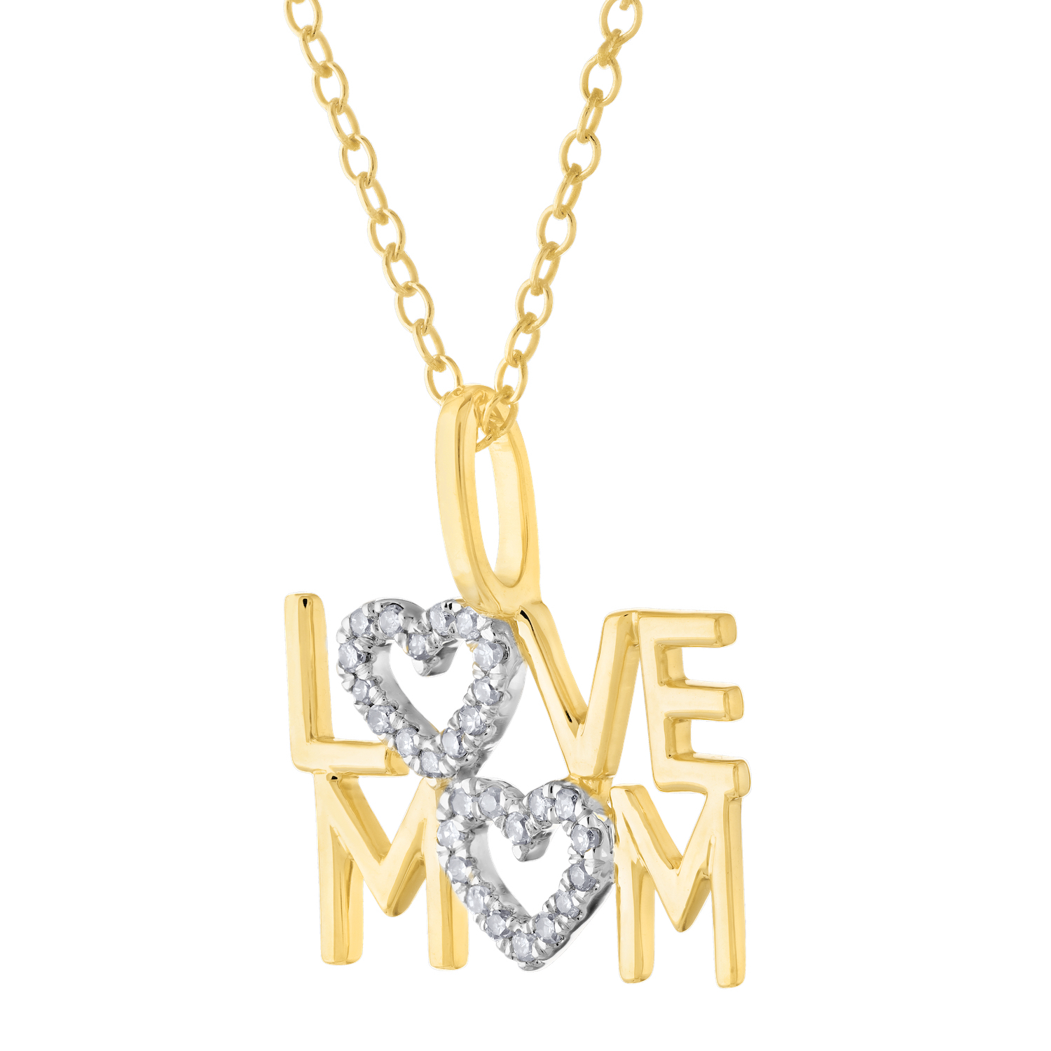 10K Yellow Gold LOVE MOM' with Pave Hearts Diamond Pendant 0.84 Ctw